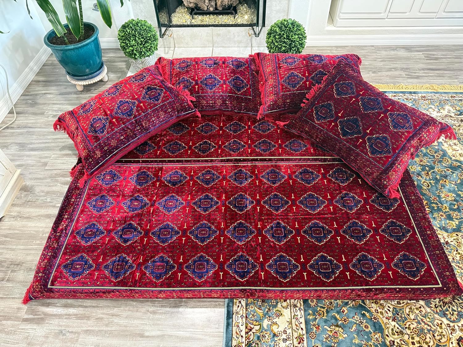 Afghan Floor Sofa Set – Traditional Toshak Korbacha Seating with Velvet Cover & Memory Foam | Arabic Majlis Style Futon Mattress for Living Room, Bedroom, Lounge or Guest Area – 74" x 30" x 4"