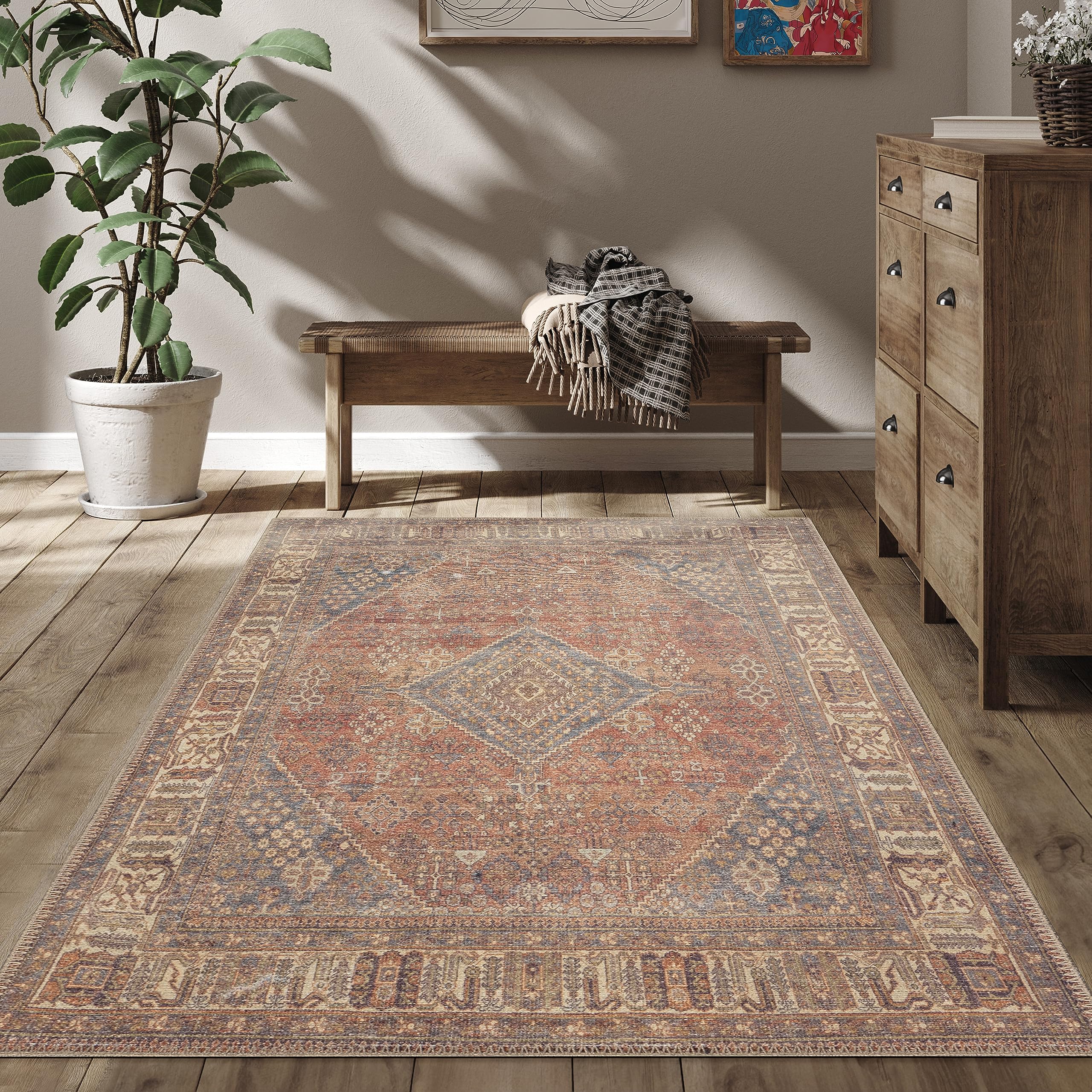 RugOver Machine Washable Area Rug, Pet-Friendly and Non-Slip Indoor Carpet for Kitchen, Bathroom, Living Room, Home Floor Decoration(Clay/Prussian, 3'