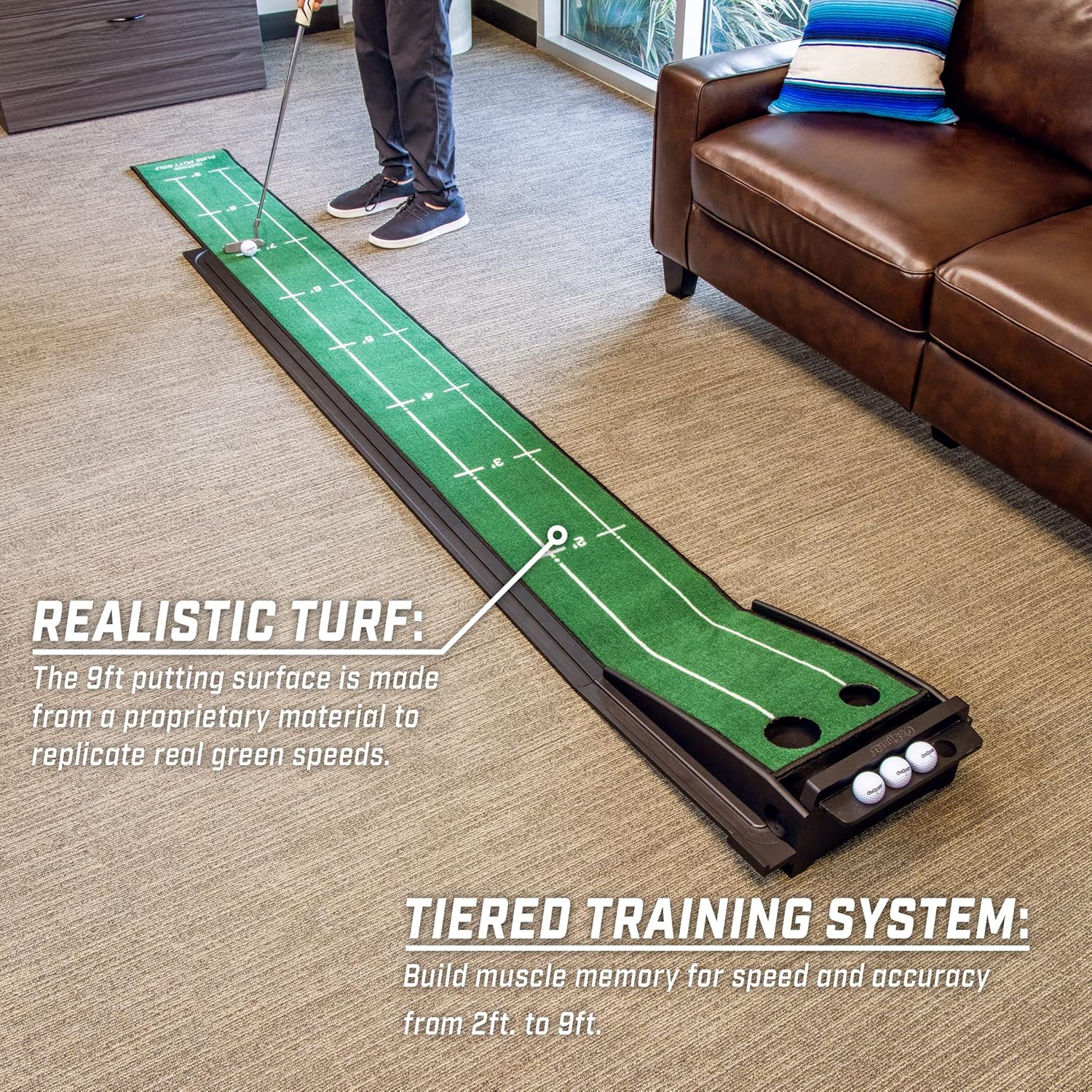 GoSports Pure Putt Golf 9 ft Putting Green Ramp - Black or Brown - Premium Wood Training Aid for Home & Office Putting Practice - Includes 4 Golf Balls