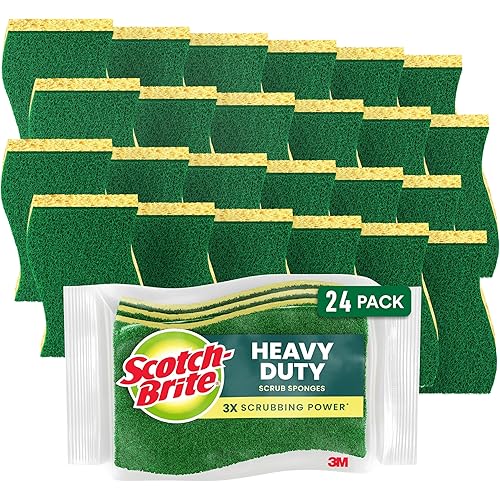 Scotch-Brite Heavy Duty Scrub Sponge, 24 Kitchen Sponges Designed for Tough Messes in the Kitchen that Last 3X Longer*, Best for Cast Iron Skillets and Outdoor Grills, Flexible, Durable, and Strong