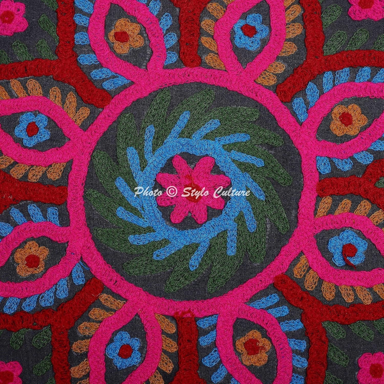 Ethnic Decorative Couch Sofa Toss Throw Pillow Cases 40x40 cm Cotton Hallway Decor Black Floral Suzani Embroidered Pom Pom Lace Square Luxury Bohemian 16x16 Inch Cushion Covers - 2 Pcs