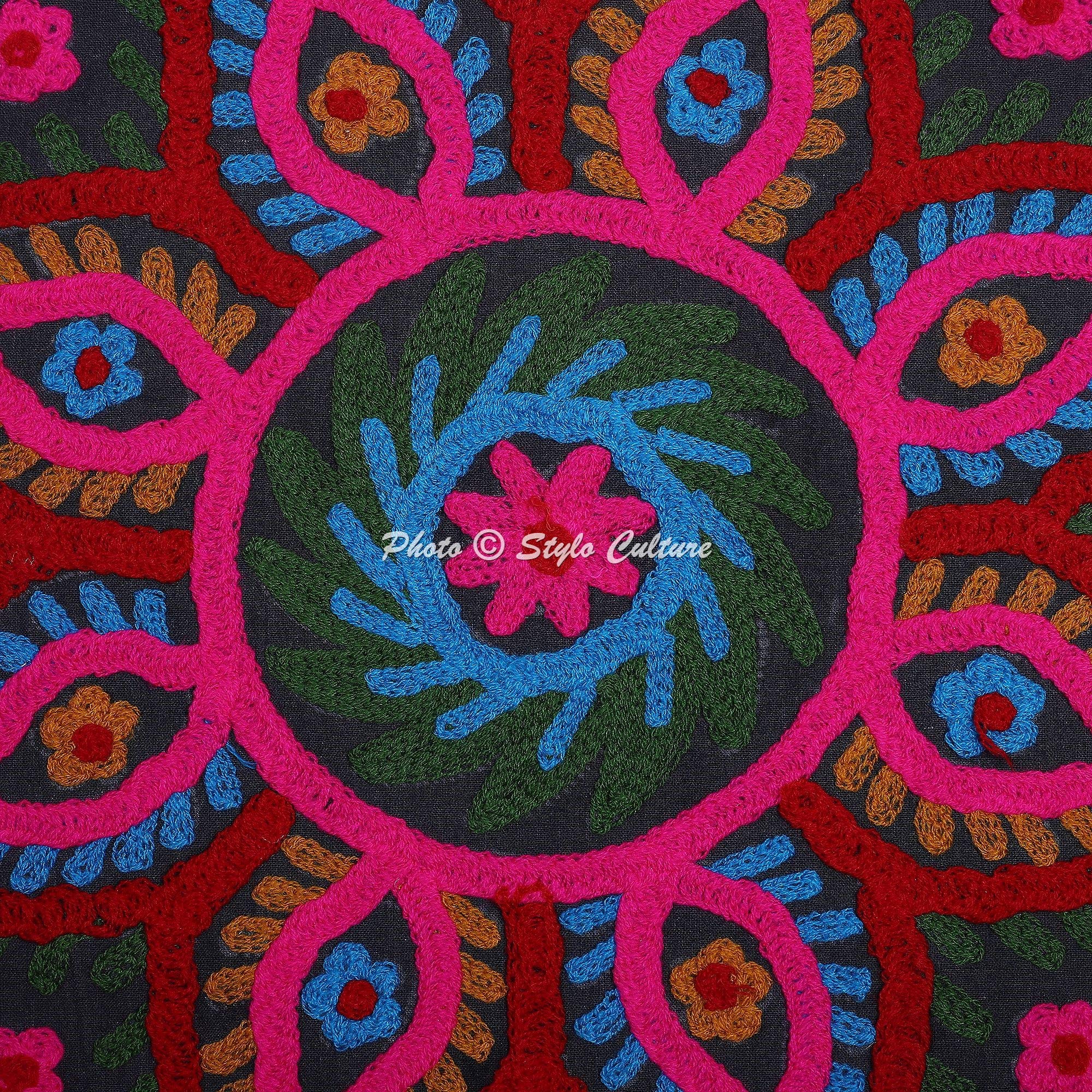 Etnico Fodere Per Cuscini 40x40 cm Decorativi Sedie Divano Floreale Pizzo Pom Pom Ricamato Suzani Nero Quadrato Cerniera 16x16 pollici Federe Per Cuscino Camera Da Letto - 5 pezzi