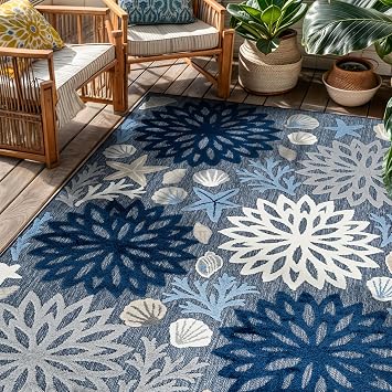 Rugshop Coastal High-Low Textured Floral Area Rug for Patio Navy 4 x 6