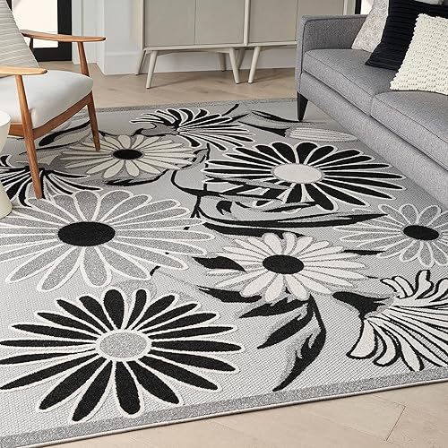 Nourison Aloha - Alfombra para interiores y exteriores, color blanco y negro, de 7 x 10 pies, fácil limpieza, no se desprende, para dormitorio, sala