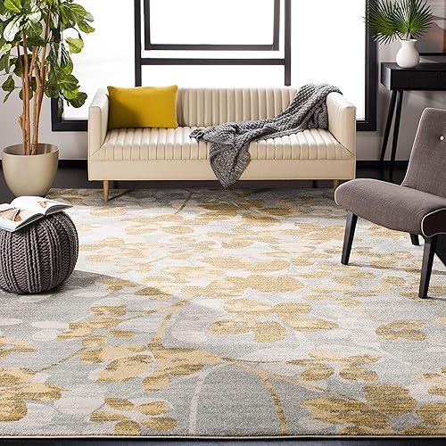 SAFAVIEH Evoke Collection EVK236P - Alfombra floral de 9 x 12 pies color gris y dorado no desprende pelusa para sala de estar dormitorio comedor