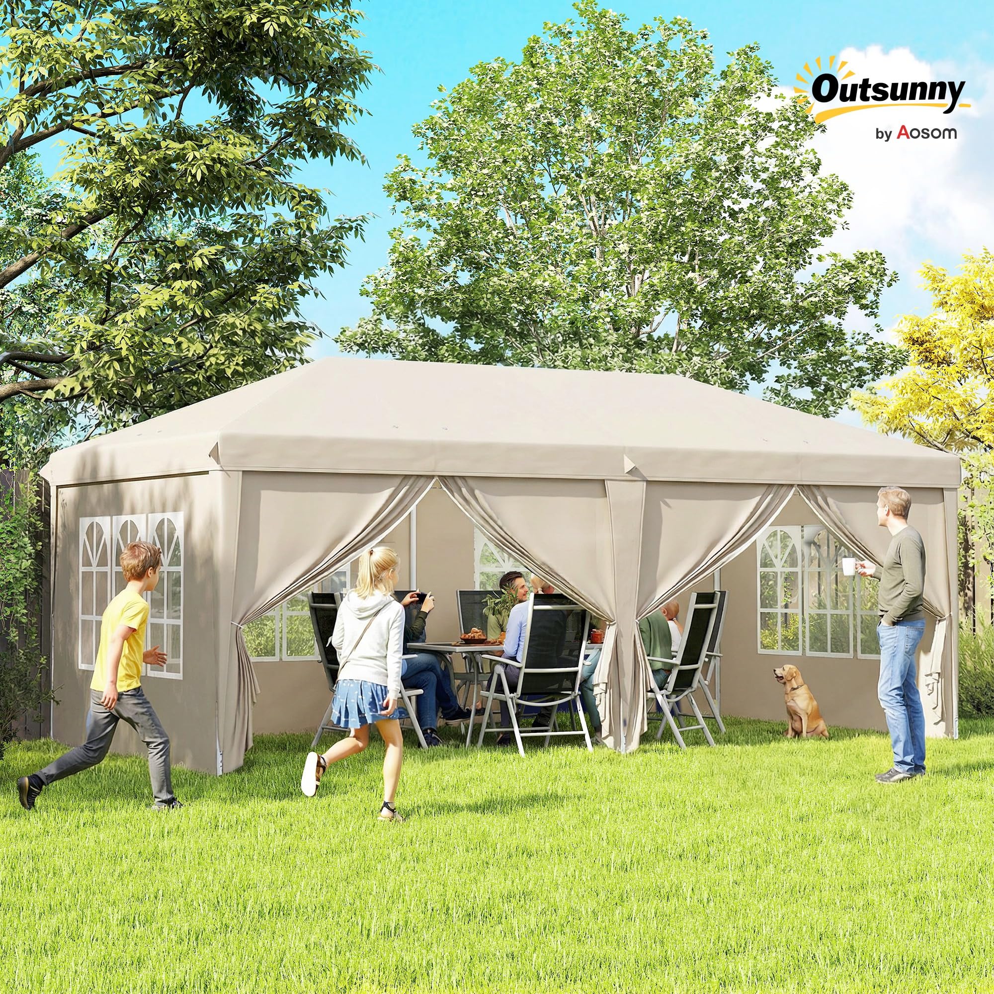 Outsunny Tonnelle de Jardin 3x6m Barnum Pliant avec Côtés Amovibles - Tente de Réception Structure en Acier Renforcée - Abri de Jardin Pop-up pour Mariage, Fête et Marché, Sac de Transport, Beige