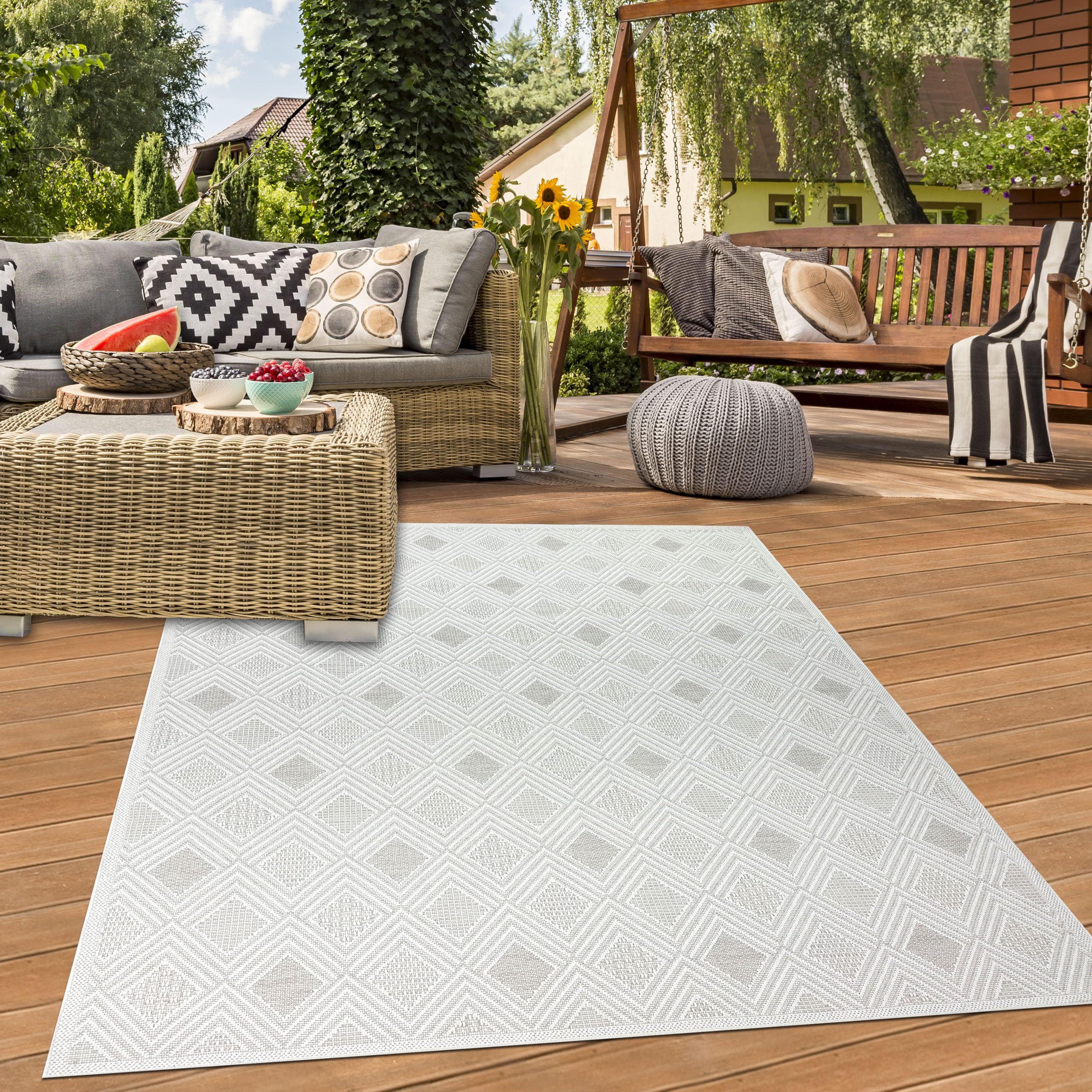 Teppich-Traum Teppich Outdoor Wintergarten Garten Balkon Terrasse witterungsbeständig UV-Beständig robust mit speziellem Rautemuster in Creme, 140 x 200 cm