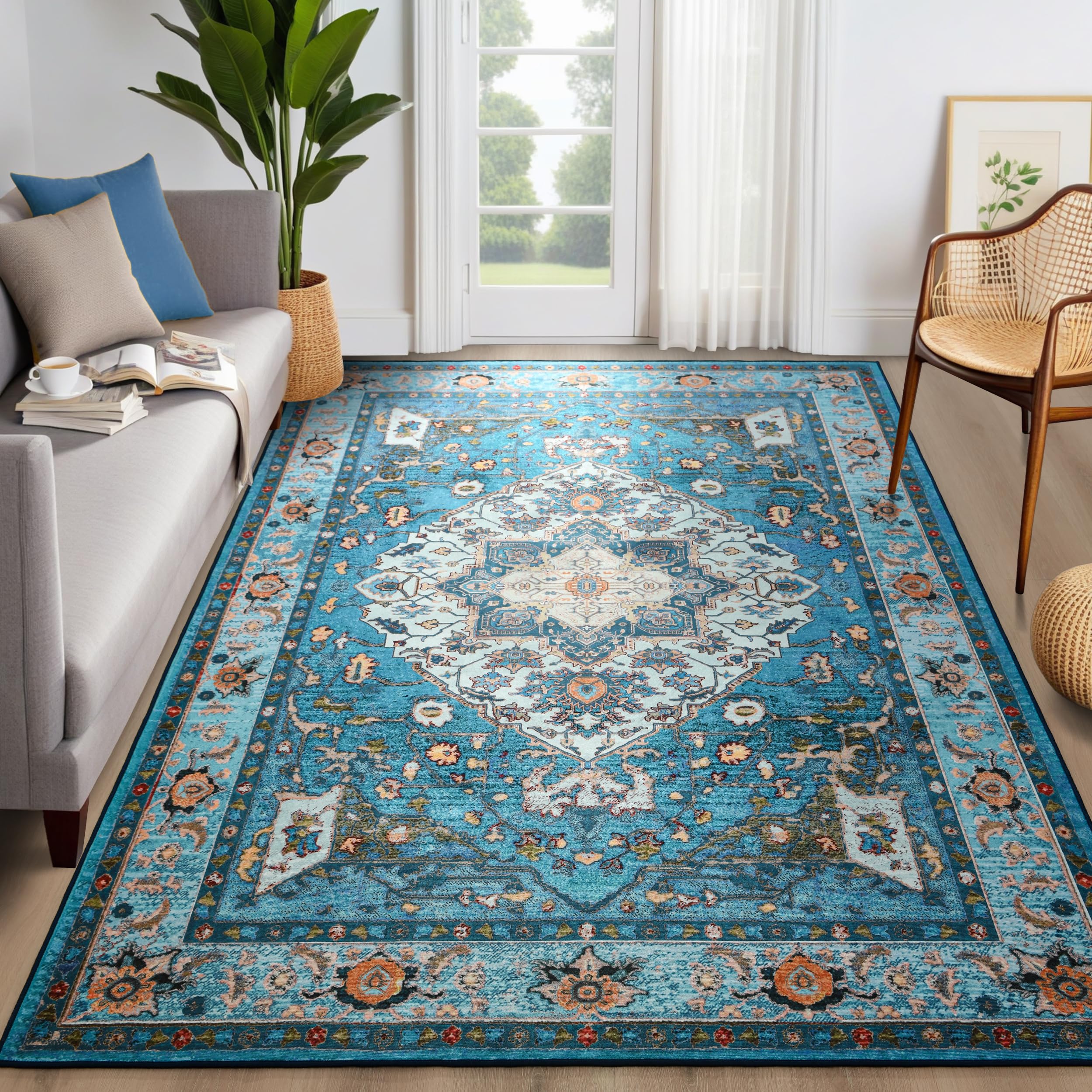 Photo 1 of YJ.GWL Large Area Rug for Living Room, 5x7 Machine Washable Boho Rug for Bedroom, Low Pile Lightweight Thin Rugs Floral Vintage Distress Print Pattern Carpet for Dining Room, Blue/Multi