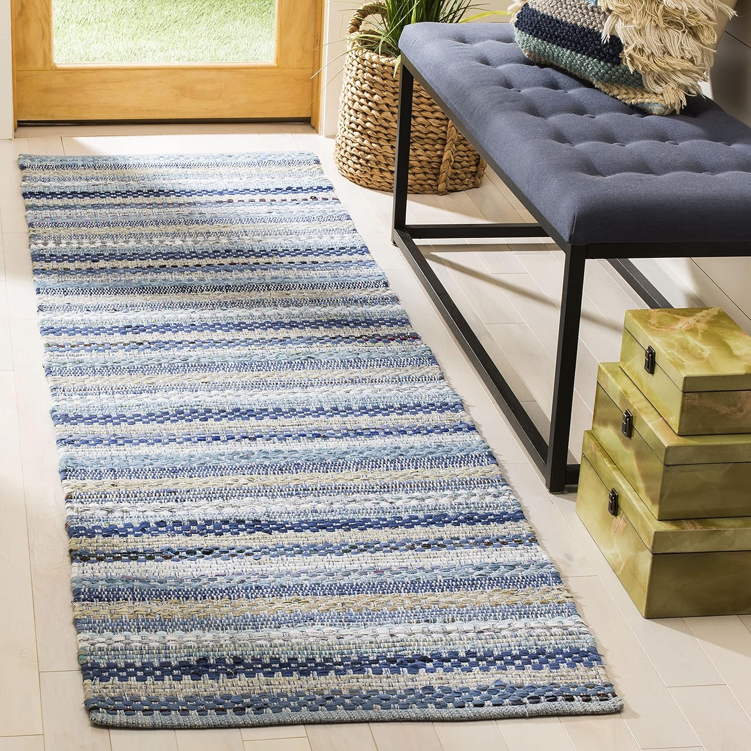 SAFAVIEH Montauk Collection Runner Rug - 2'3" x 8', Blue & Multi, Handmade Boho Stripe Cotton, Ideal for High Traffic Areas in Living Room, Bedroom (MTK975B)