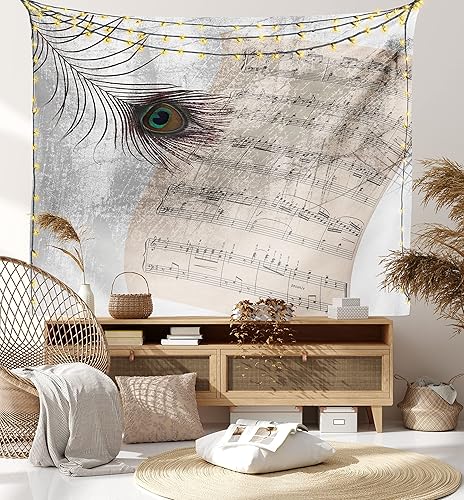 Miniatura 7 de Ambesonne Tapiz de pavo real, hoja de notas musicales, textura de plumas de animales, mal de ojo sobre tema musical de estilo antiguo, para colgar