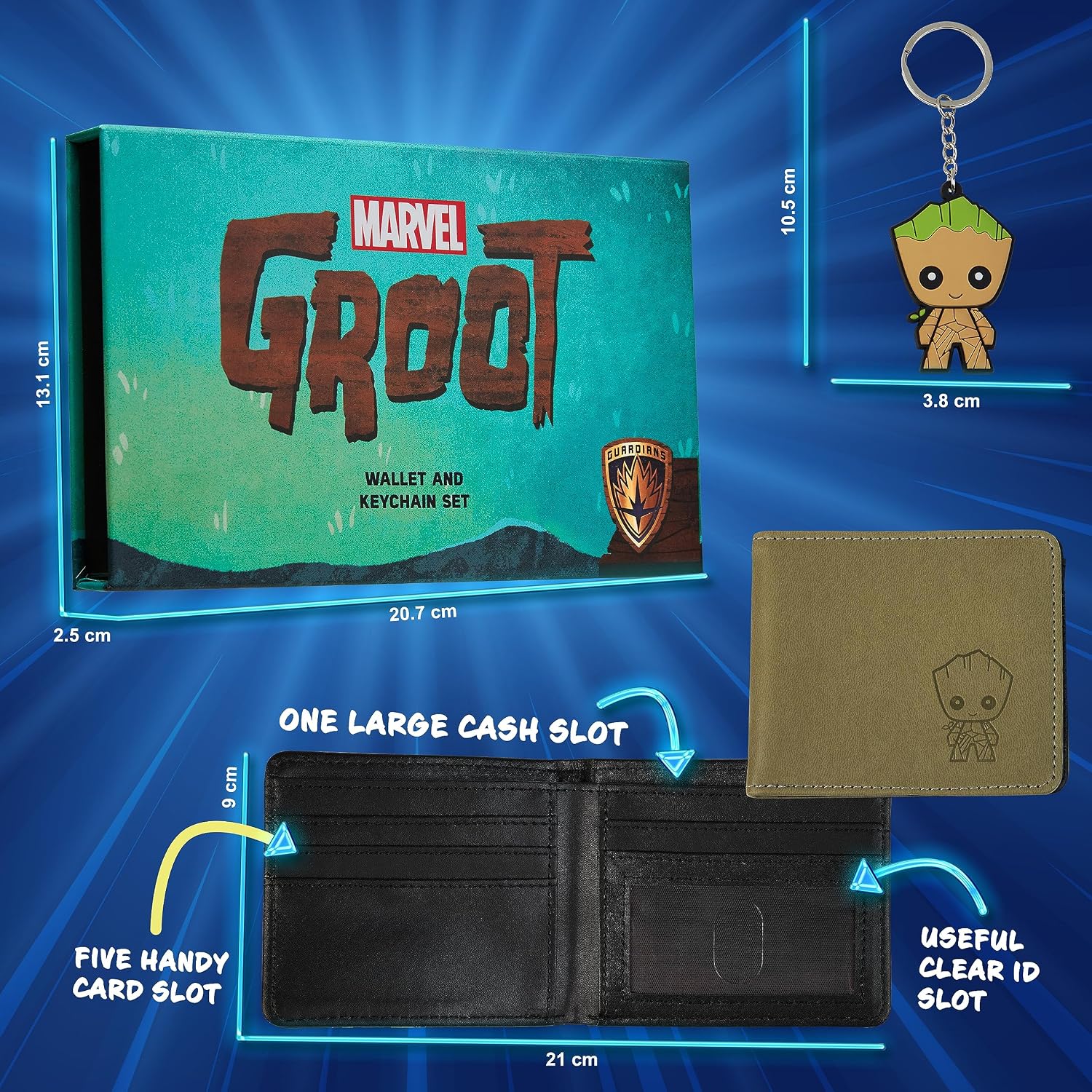 Marvel Card Wallet and Keyring Set for Men Teenagers - Card Slots ID Pocket Groot Mens Wallet - Gifts for Men (Multicolour Groot)