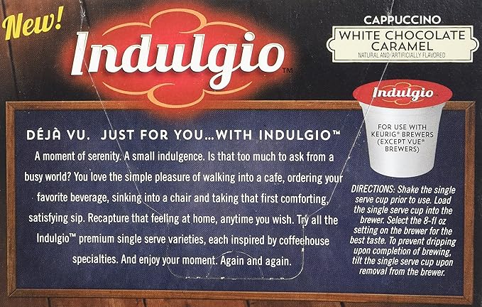 Indulgio Cappuccino, White Chocolate Caramel, 12-Count Single Serve Cup for Keurig K-Cup Brewers is the perfect choice for coffee enthusiasts who crave a delicious and indulgent treat. With its harmonious blend of creamy white chocolate and luscious caramel flavors, it delivers a satisfying experience that lingers on the palate. Each pack comes with 12 convenient single-serve cups, designed specifically for use with Keurig K-Cup brewers. Say goodbye to measuring and grinding coffee beans - simply insert the cup, select your desired size, and enjoy a perfectly brewed cappuccino in no time. Indulgio takes pride in delivering exceptional coffee products, and their Cappuccino, White Chocolate Caramel flavor is a testament to their dedication. Experience the convenience and delight of this delightful beverage option today.