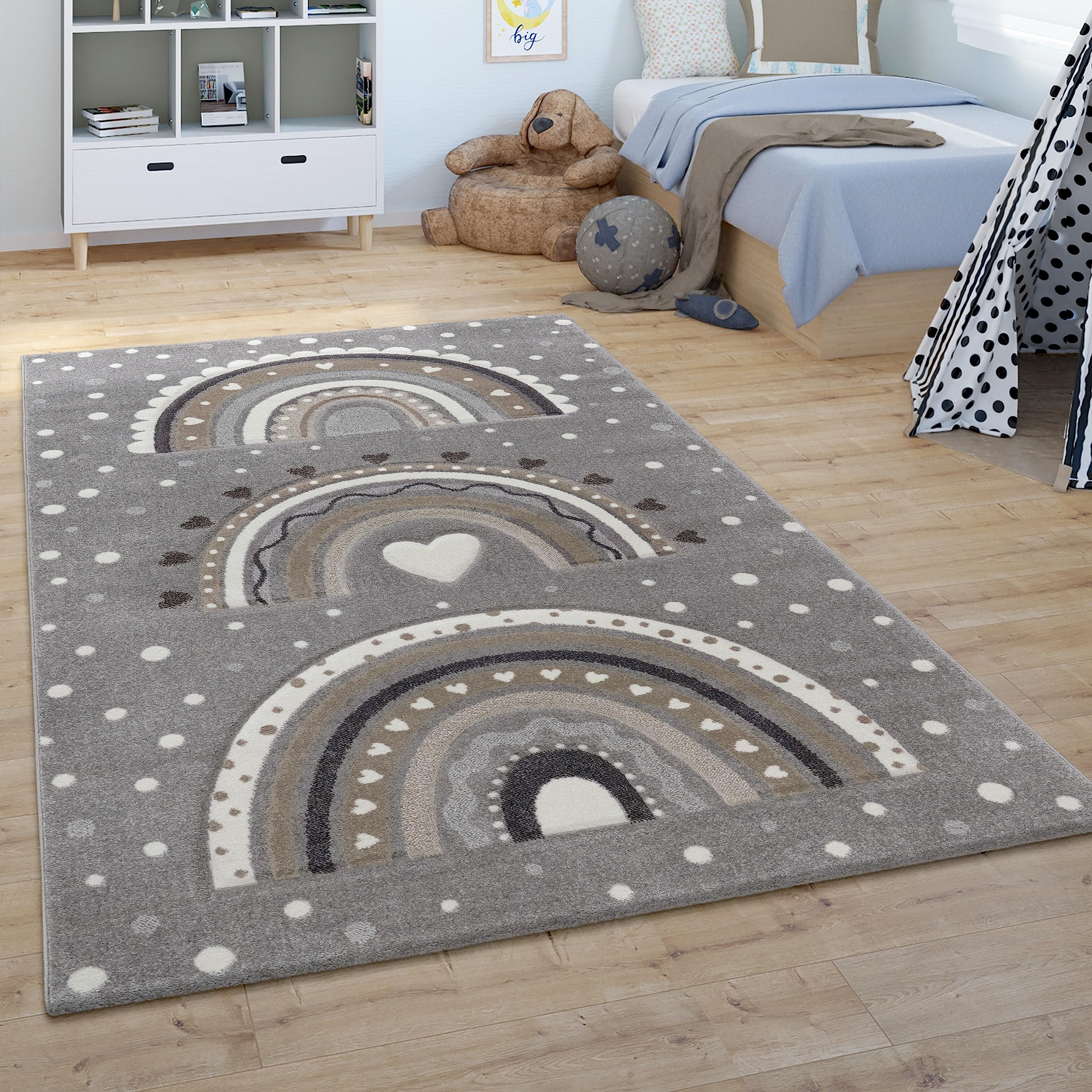Paco Home Alfombra Infantil Cuarto Infantil Pelo Corto Niños Niñas Corazón Puntos Arco Gris Crema, tamaño:Ø 120 cm Redon OEKO-TEX STANDARD 100