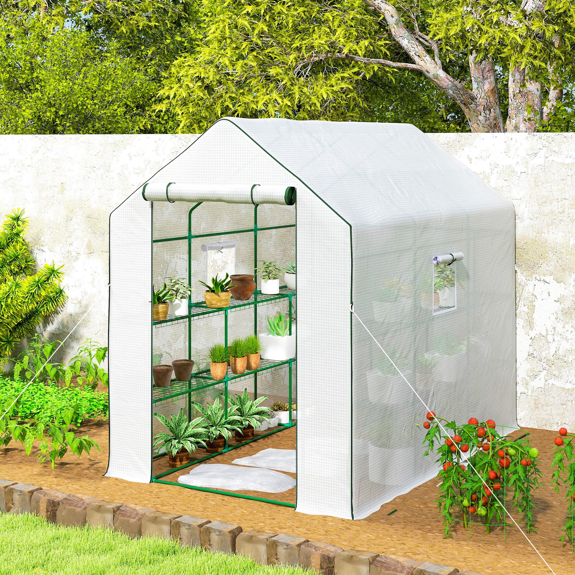 Outsunny Invernadero de Jardín de 3 Niveles Exterior 140x213x190 cm Blanco | 12 Estantes, Puerta Enrollable, Ventanas, Anti-UV, Cubierta PE 135g/m², Cultivos, Plantas, Flores