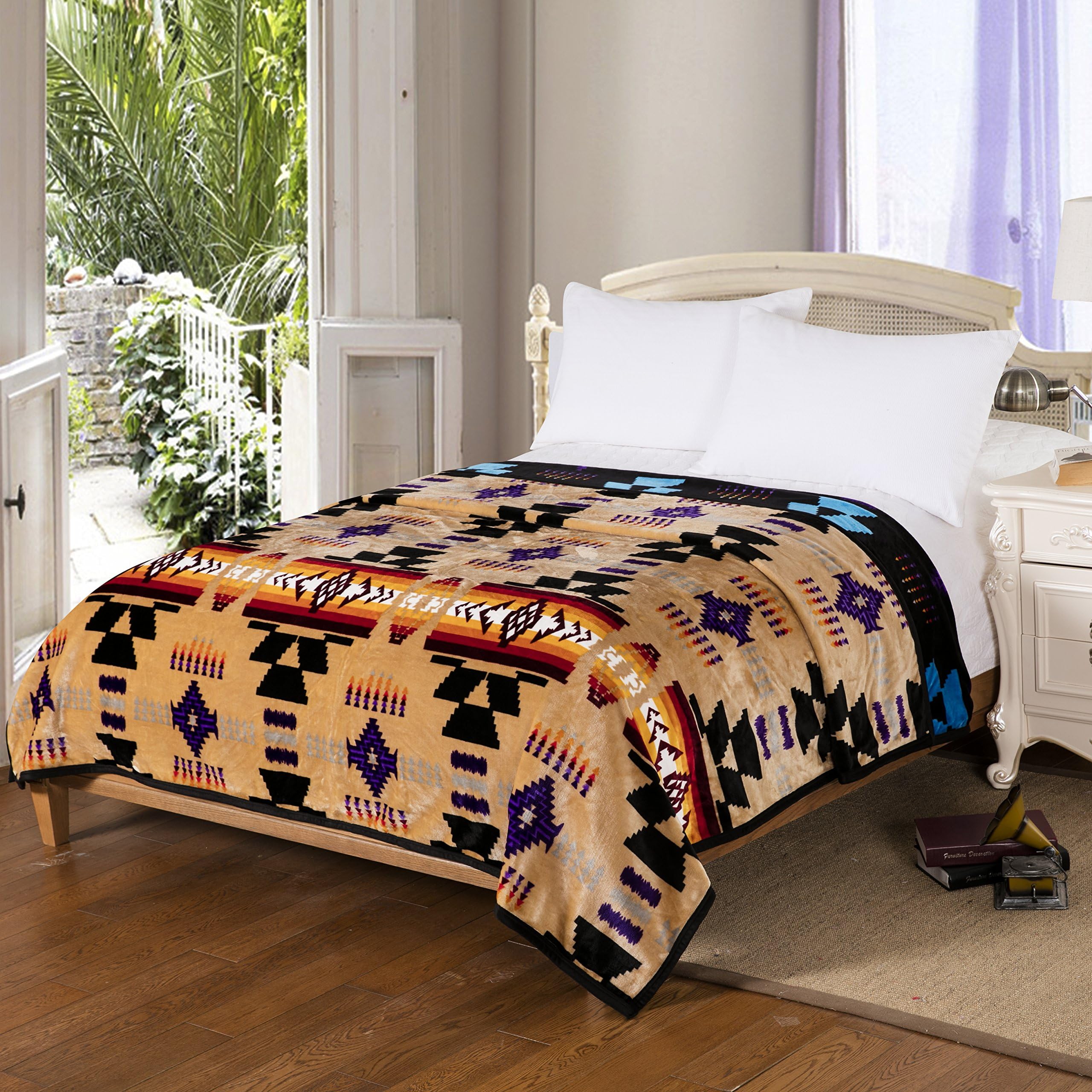 Nu TrendzNative Collection Southwest Queen Reversible Blanket for Bed Couch (Navajo Print) Silk Touch Super Soft Comforter Plush Blanket tan