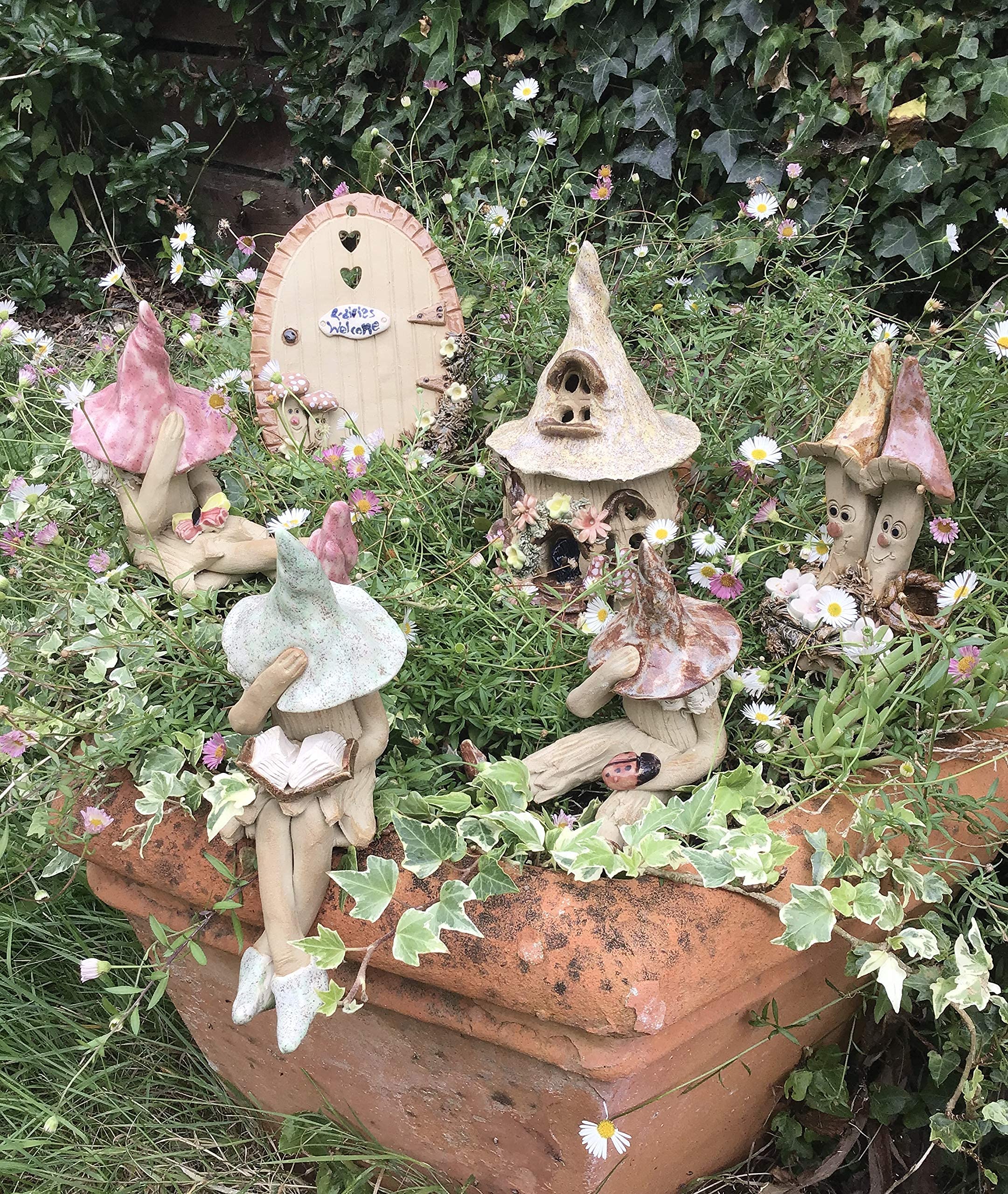 Shy fairy garden figurine, ceramic pixie plant pot ornament, pink, Small - Image 3