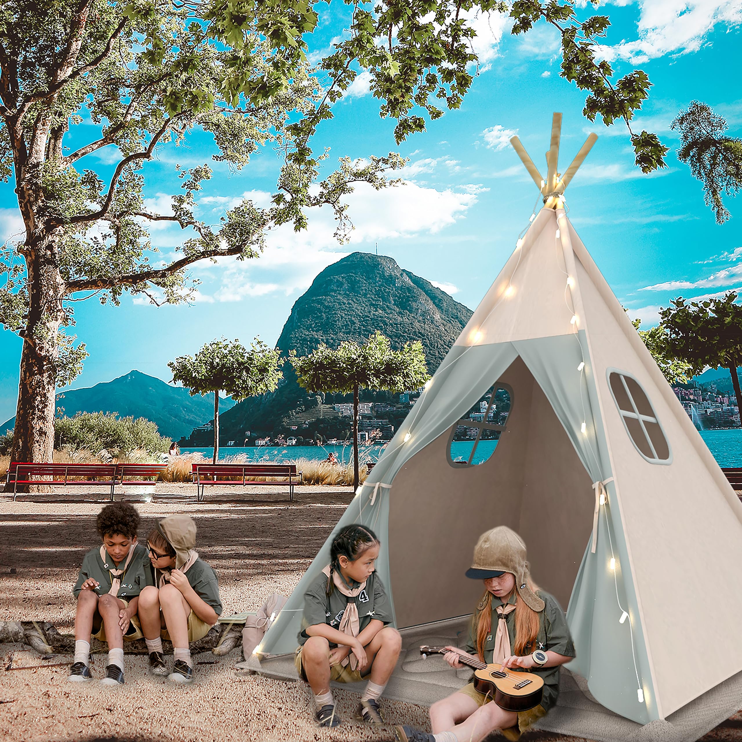 Tipi Zelt für Kinder, Waschbar Kinderzelt mit Gepolsterter Decke, Lichterkette, Tragetasche, Segeltuch Spielzelt für Mädchen & Jungen