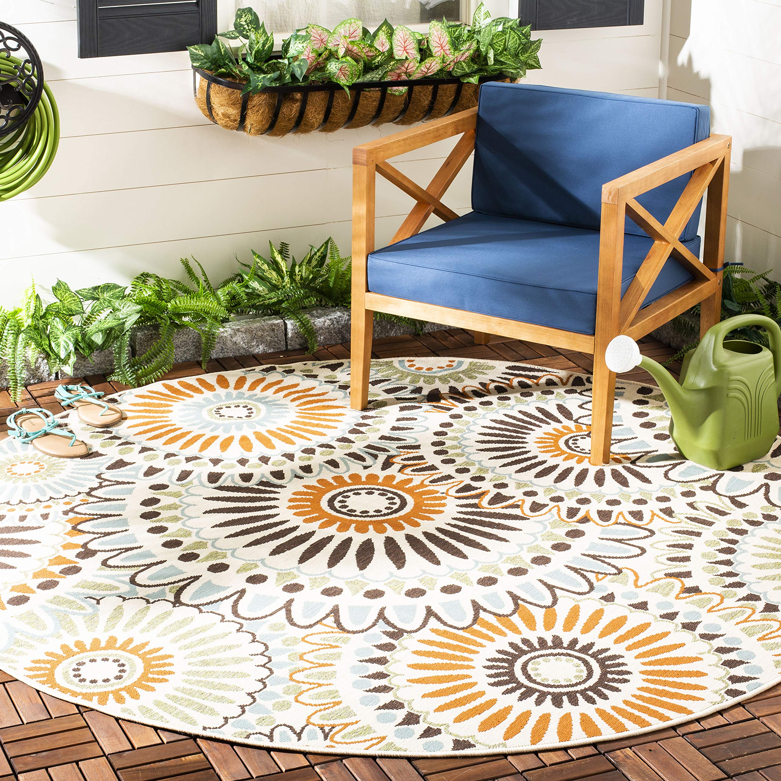 SAFAVIEH Washable Rug Outdoor Veranda Collection - 5'3" Round, Cream & Chocolate, Non-Shedding & Easy to Clean, Ideal for Patio, Backyard, Mudroom (
