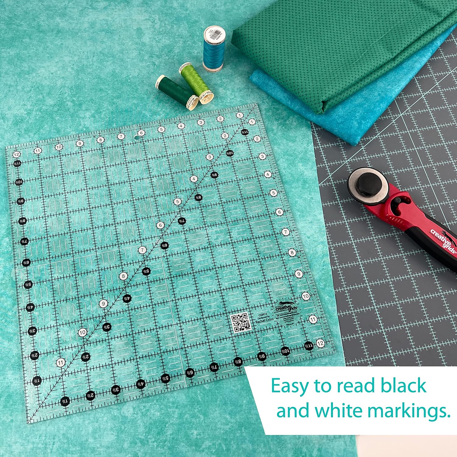 Creative Grids Quilt Ruler 12in x 12in Square – CGR12 – Made in USA, Non-Slip Grip Acrylic Quilting, Sewing, Crafting, Patchwork Ruler for Measuring & Cutting Fabric