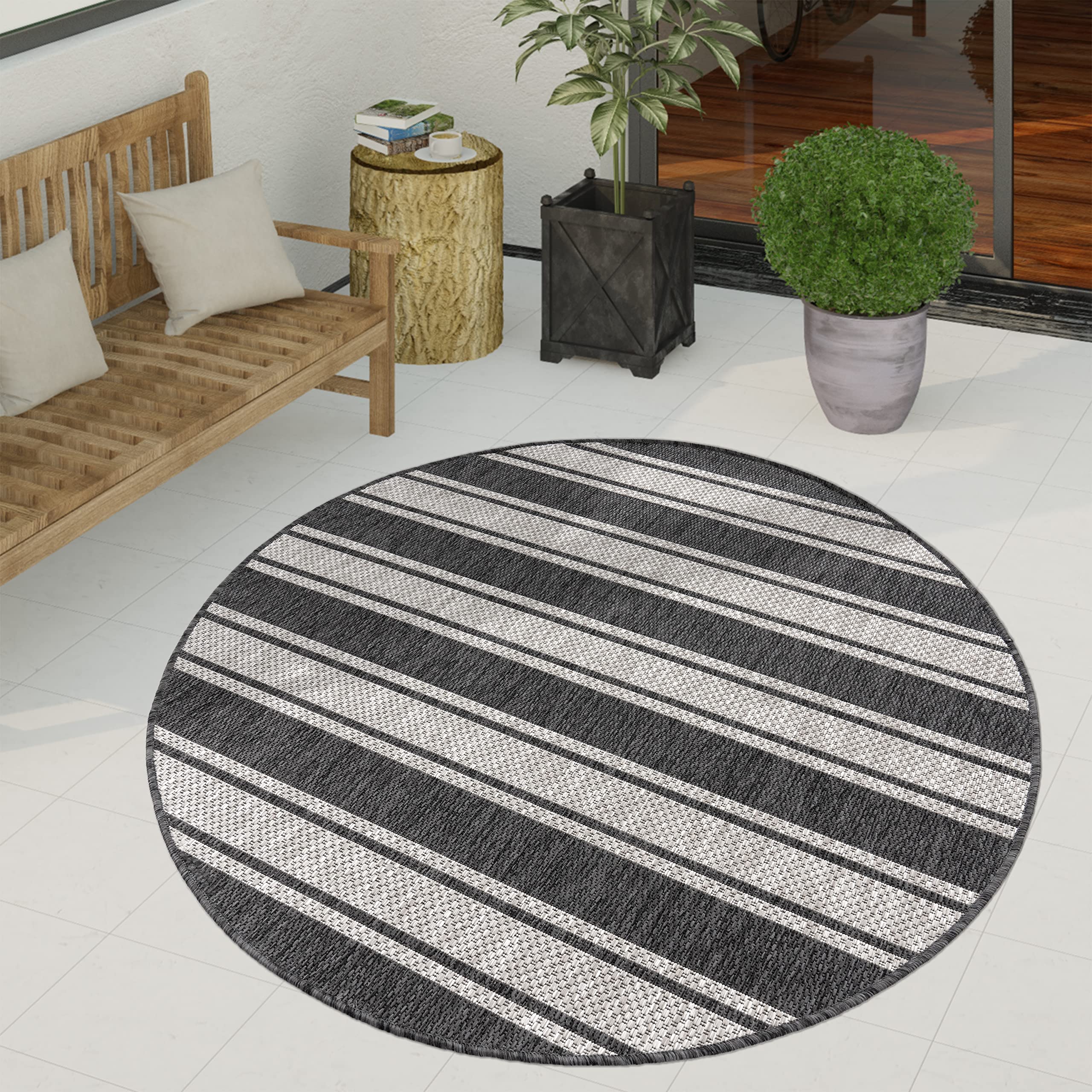 Paco Home Outdoor Teppich wetterfest & pflegeleicht Flachgewebe in Sisal-Optik mit Bordüre UV-beständig Modern für Balkon, Terrasse, Garten, Wohnzimmer, Grösse:200 cm Rund, Farbe:Grau