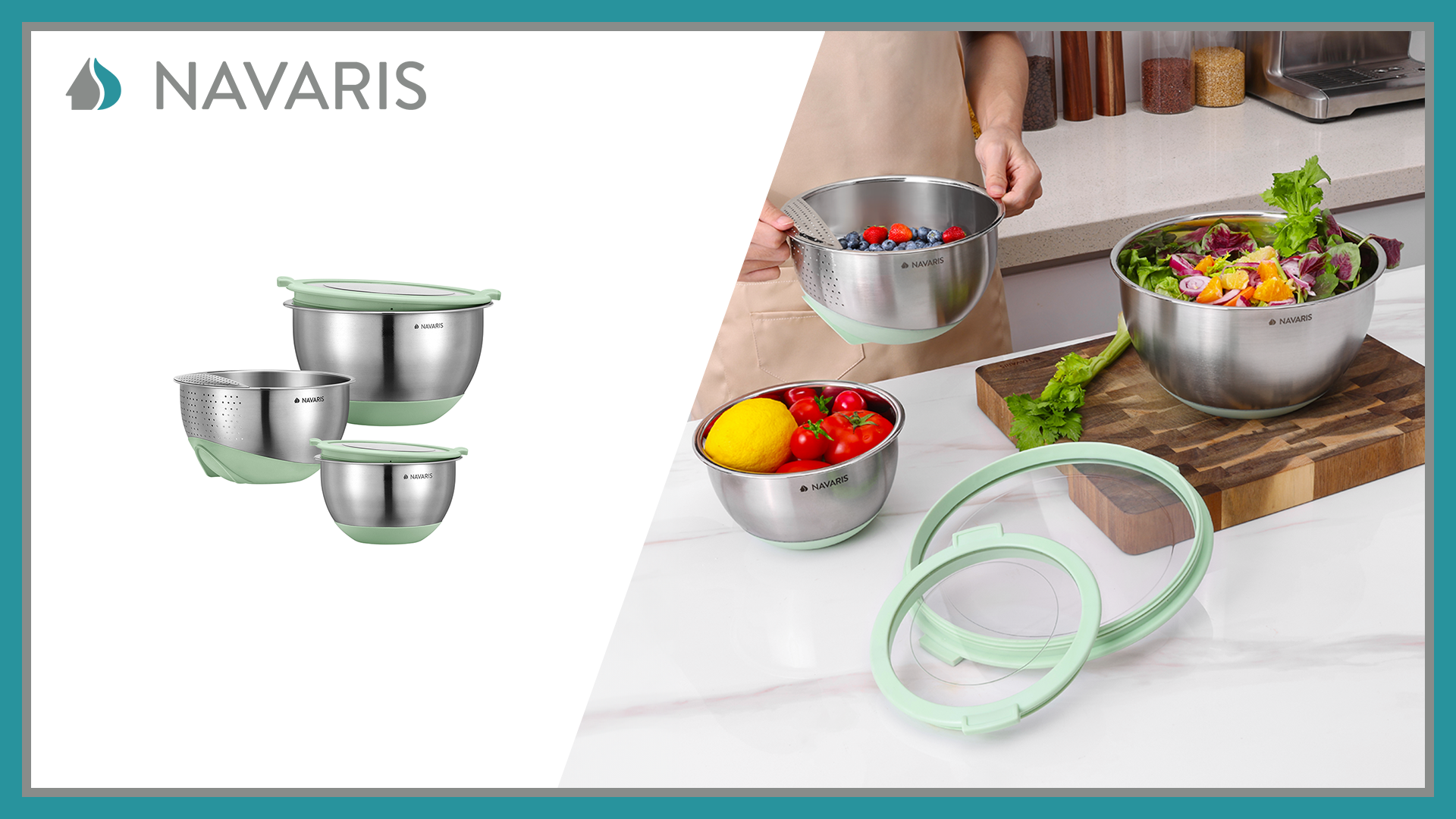 Set 3 Ciotole In Acciaio Inox Con Coperchio - 1.4L, 2.8L, 4.7L - Base Antiscivolo Per Cucina - Foto 6