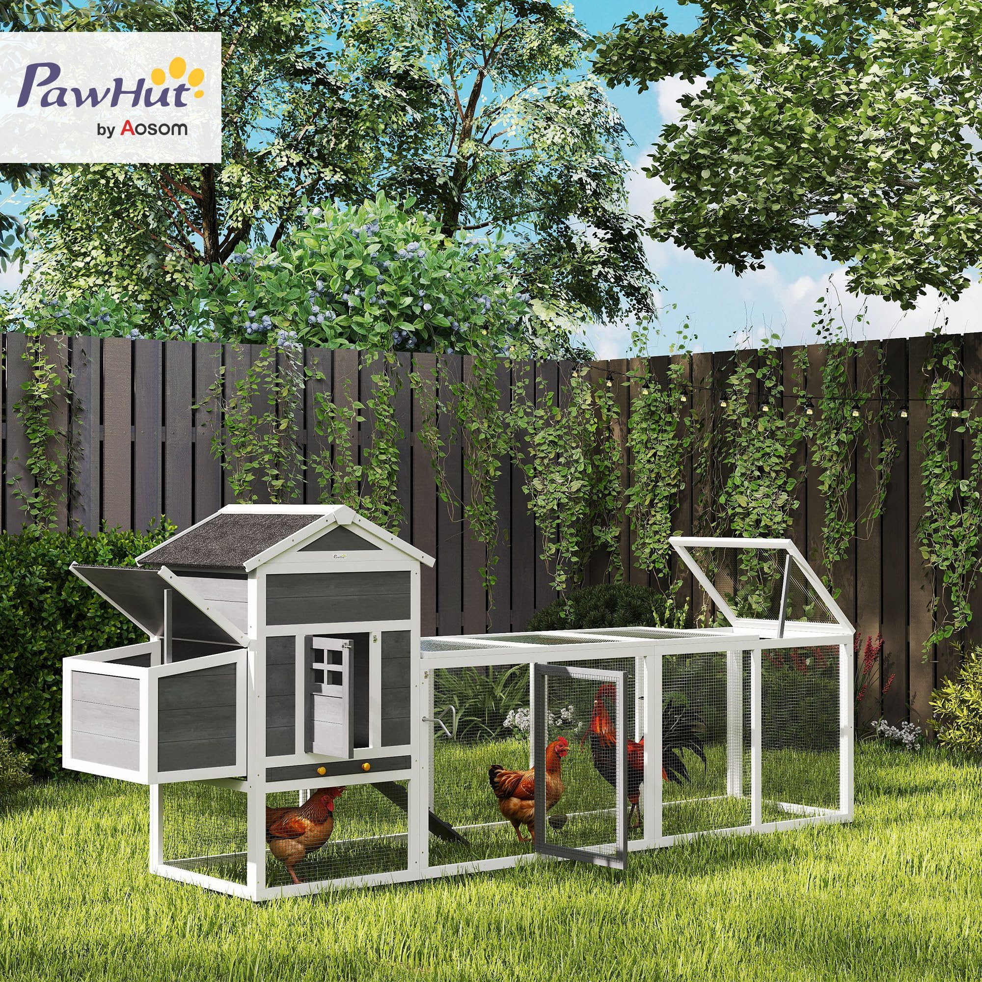 PawHut Gallinero Exterior Madera Grande 297,5x68x118 cm para 3-6 Gallinas con Nido Corral Bandeja Extraíble Techo Asfáltico Gris Blanco