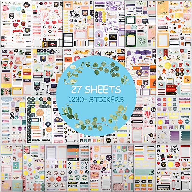 Gold Foil Planner Stickers, 27 Sheets/1230+ Stickers - Seasonal, Inspirational, Motivational, Holiday, Decorative Stickers for Planner, Organizer, Journal, Calendars -Cute Aesthetic Design Accessories