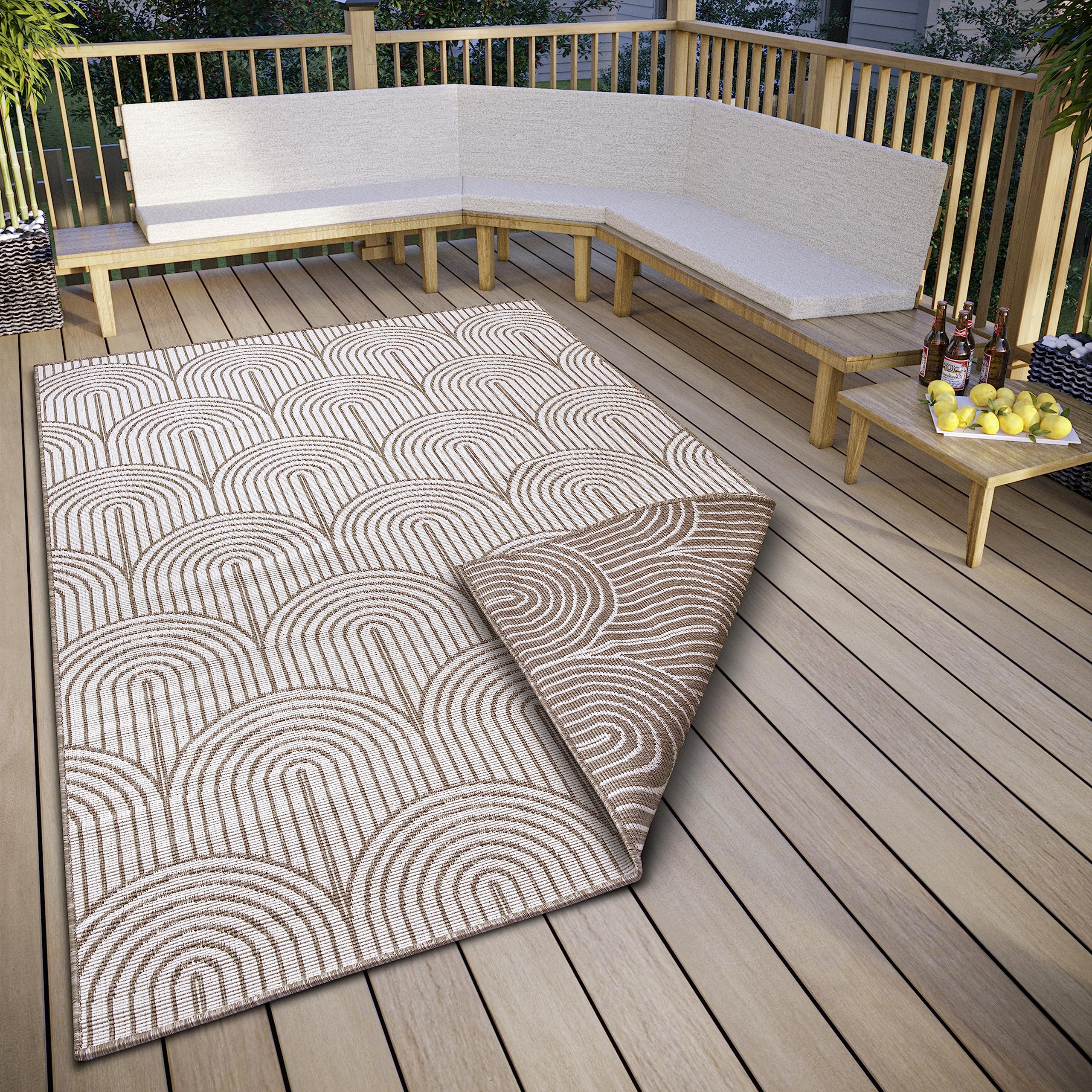 Tapis d'extérieur imperméable et réversible pour terrasse effet 3D lin