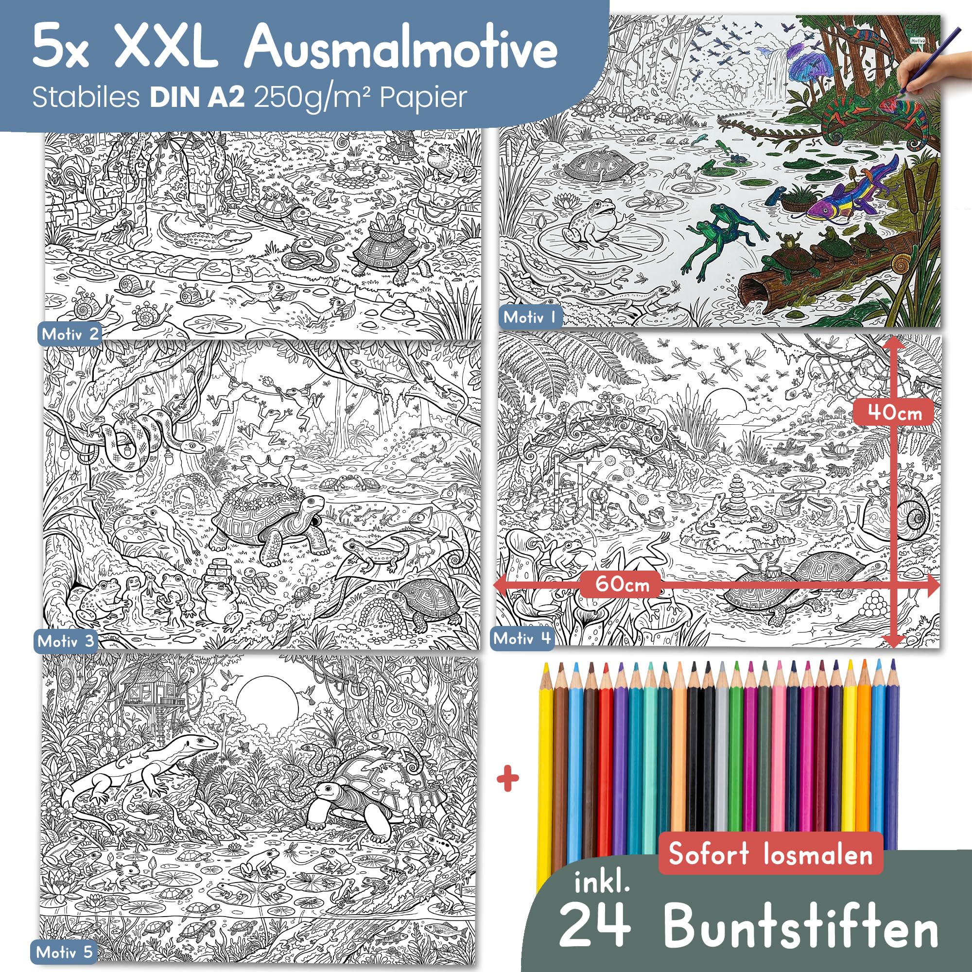 5 x plakat XXL do kolorowania z 24 kredkami, gadami od 5 lat