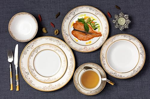 Miniatura 5 de Lorren Home Trends Juego de vajilla de porcelana de hueso 'Chloe' de 57 piezas (servicio para 8 personas), color dorado