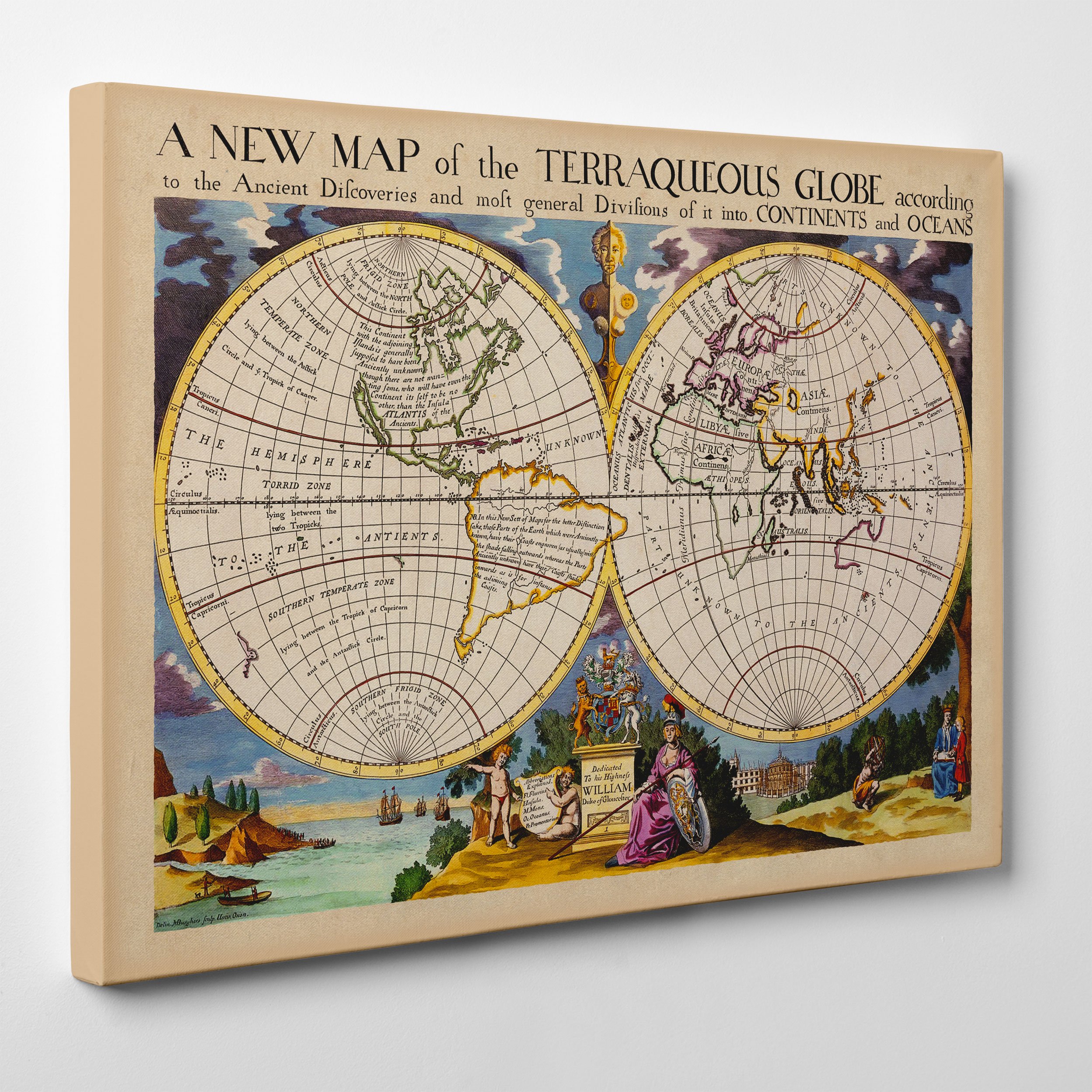 QUADRO SU TELA CANVAS - INTELAIATO - PRONTO DA APPENDERE - Mappa Mondo 1646 - Vintage Antica - 70x100cm - Senza Cornice - (cod.403)