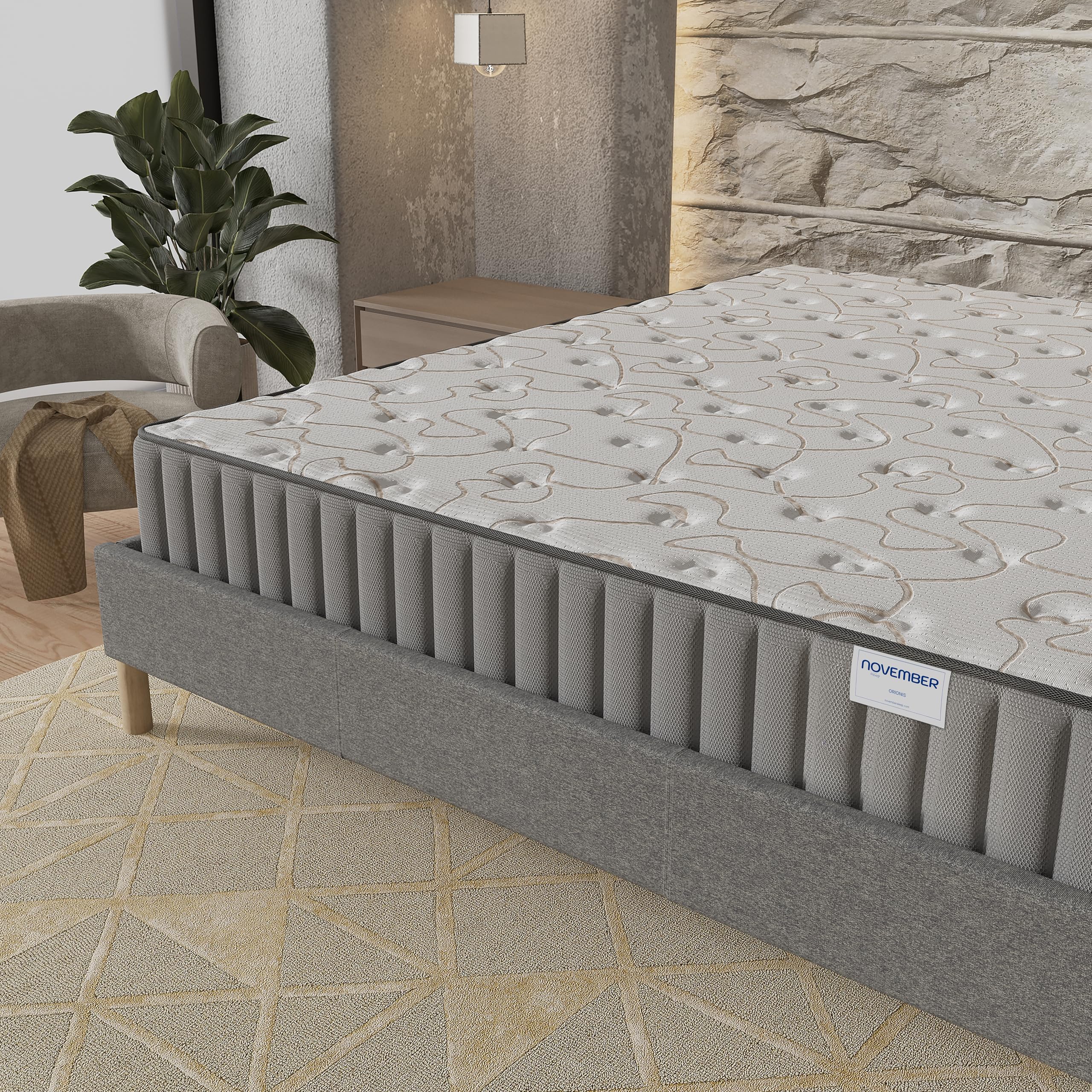 NOVEMBER- Ensemble Matelas + sommier (160 x 200cm)- Matelas Orionis Mousse Mémoire de Forme & Mousse Haute Densité d’épaisseur 22cm + Sommier Bois Stable & Robuste revêtement Tissu Gris