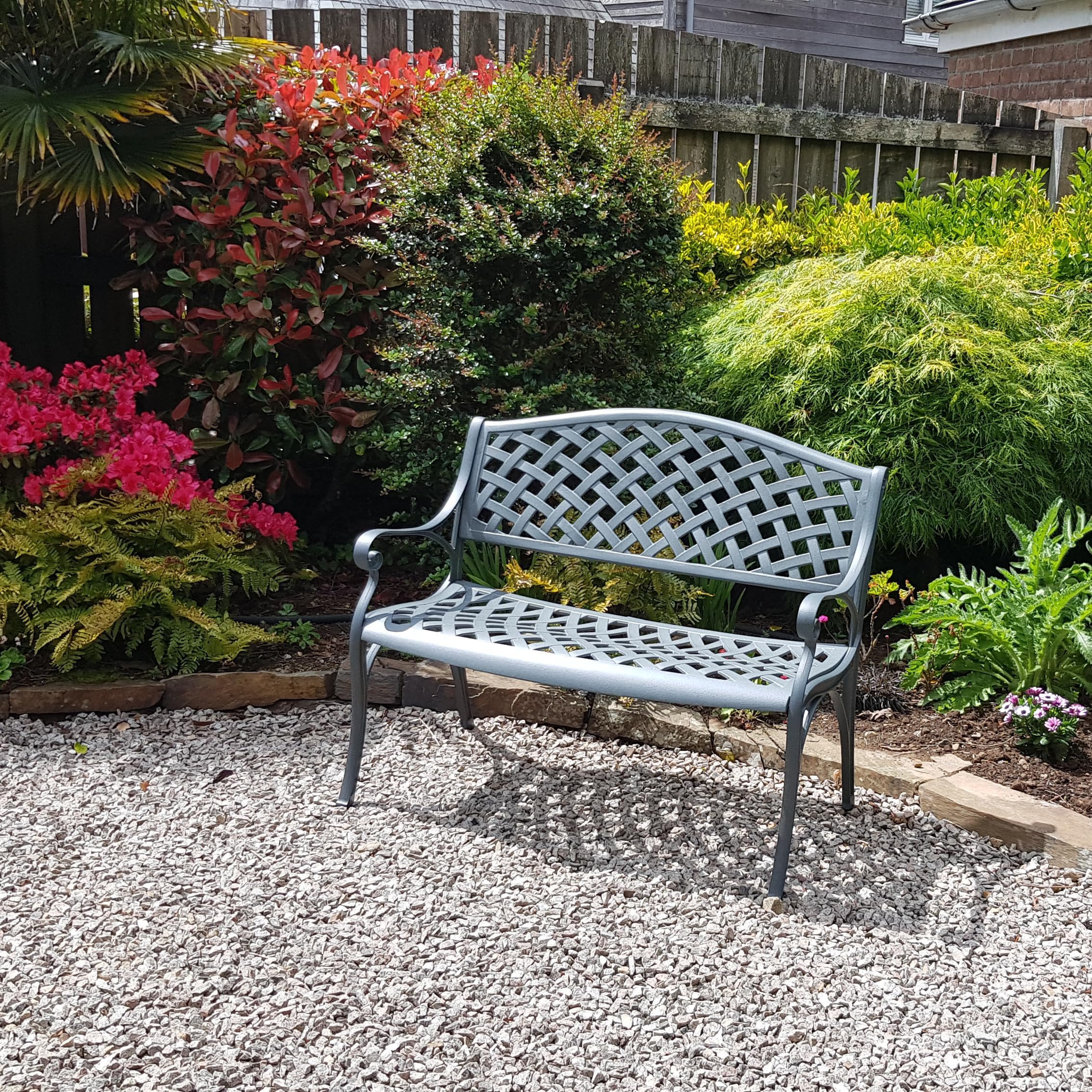– Lazy Susan Jasmine Metal Garden Bench | 2-seater in Slate Grey | Weatherproof Garden Bench | Cast aluminium | Rust Proof | 3 Year Guarantee