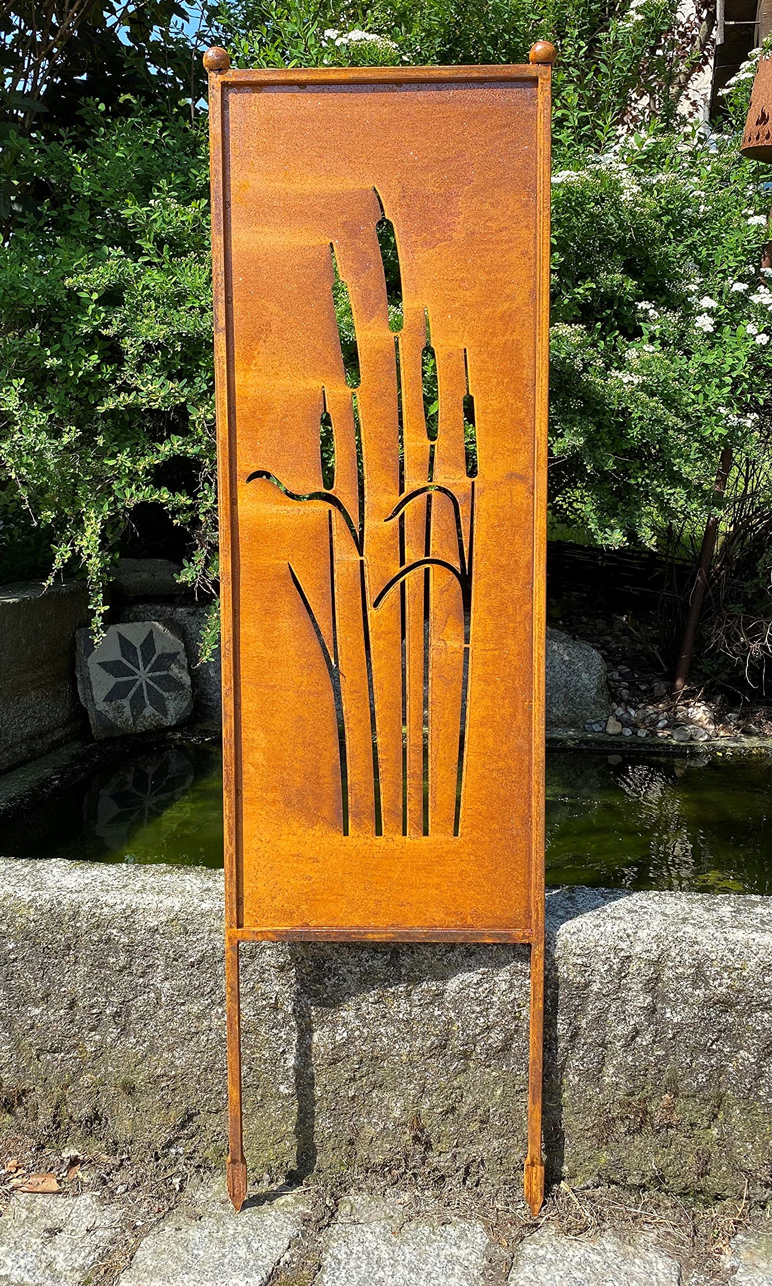 Edelrost Gartenstecker Tafel mit Schilfkolben 111 x 32 cm Sichtschutz