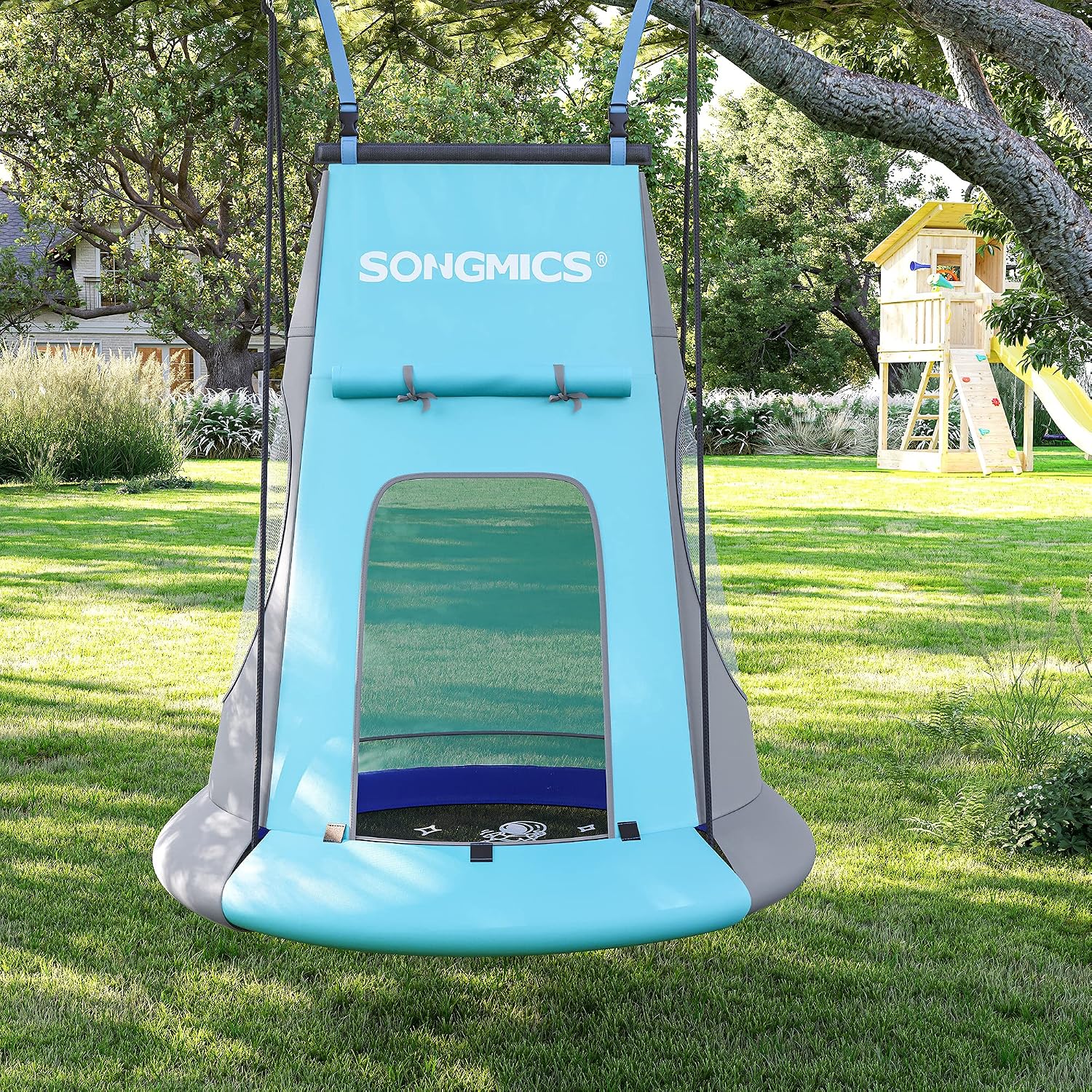 SONGMICS Saucer Tree Swing Tent 40 Inch 700 lb Load Textilene Fabric Includes Hanging Kit for Kids Outdoor Indoor Detachable Heavy Duty Safe Durable Easy Install Blue UGSW002Q01