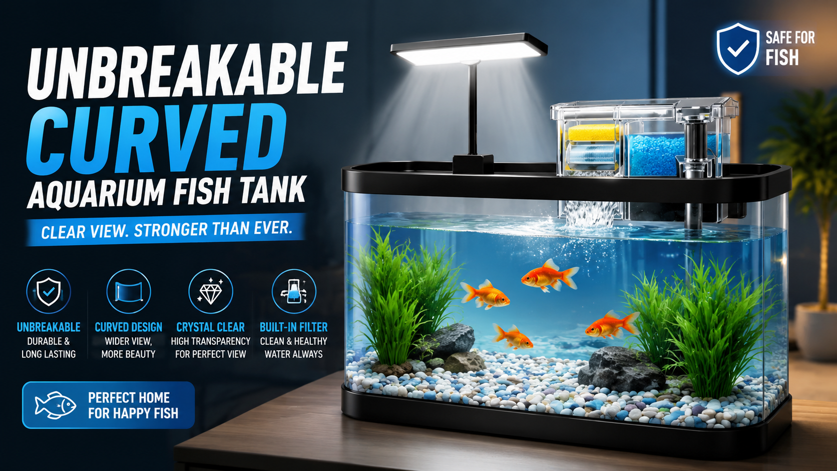 Buraq Curved Aquarium Fish Tank All-in-One with Top Filter & WRGB LED