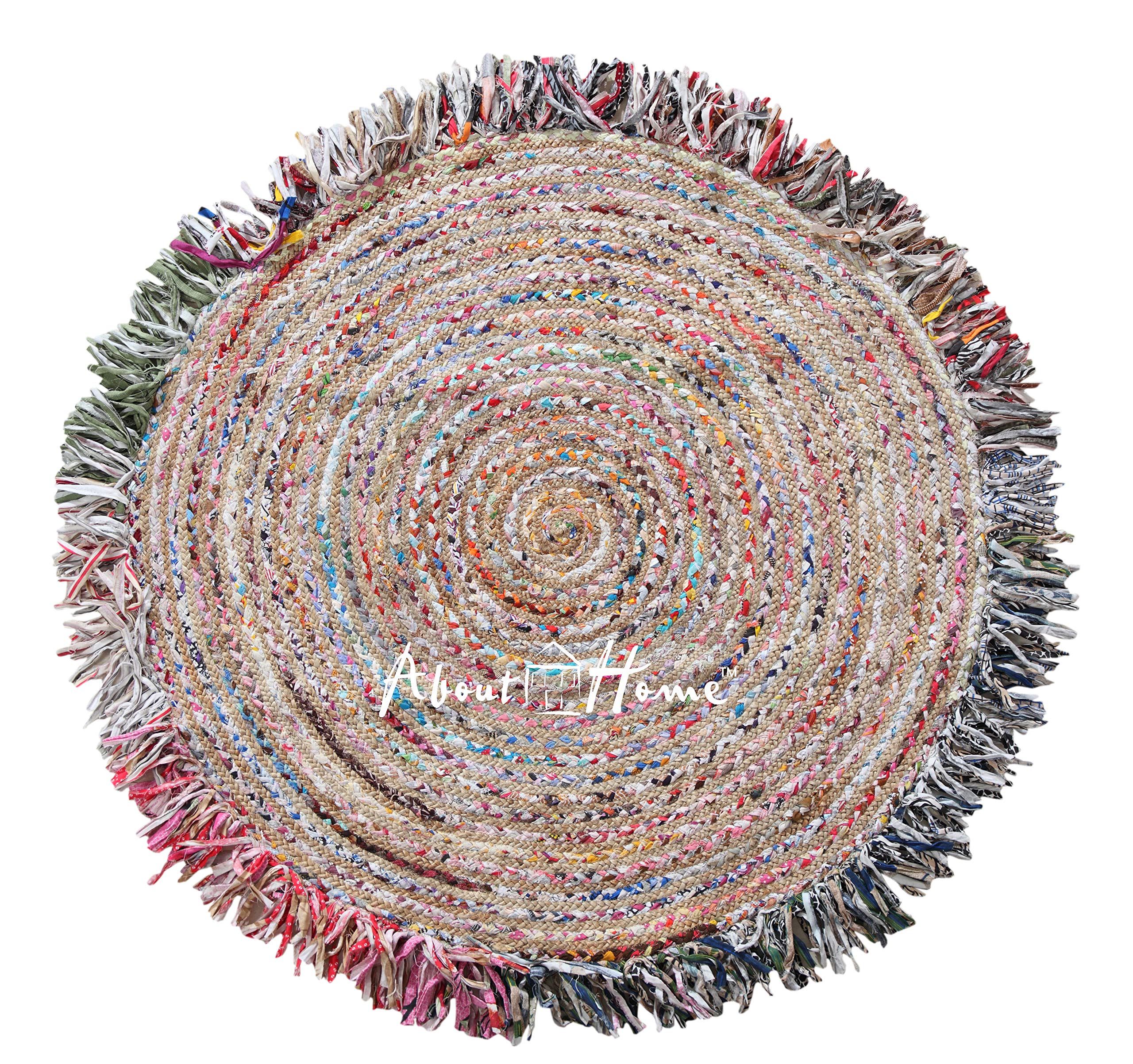 About Home Ivory Hand Made Jute Cotton Rag Area Rug Round With Fringe ( & Pastels, 120 Cm 48" Round)