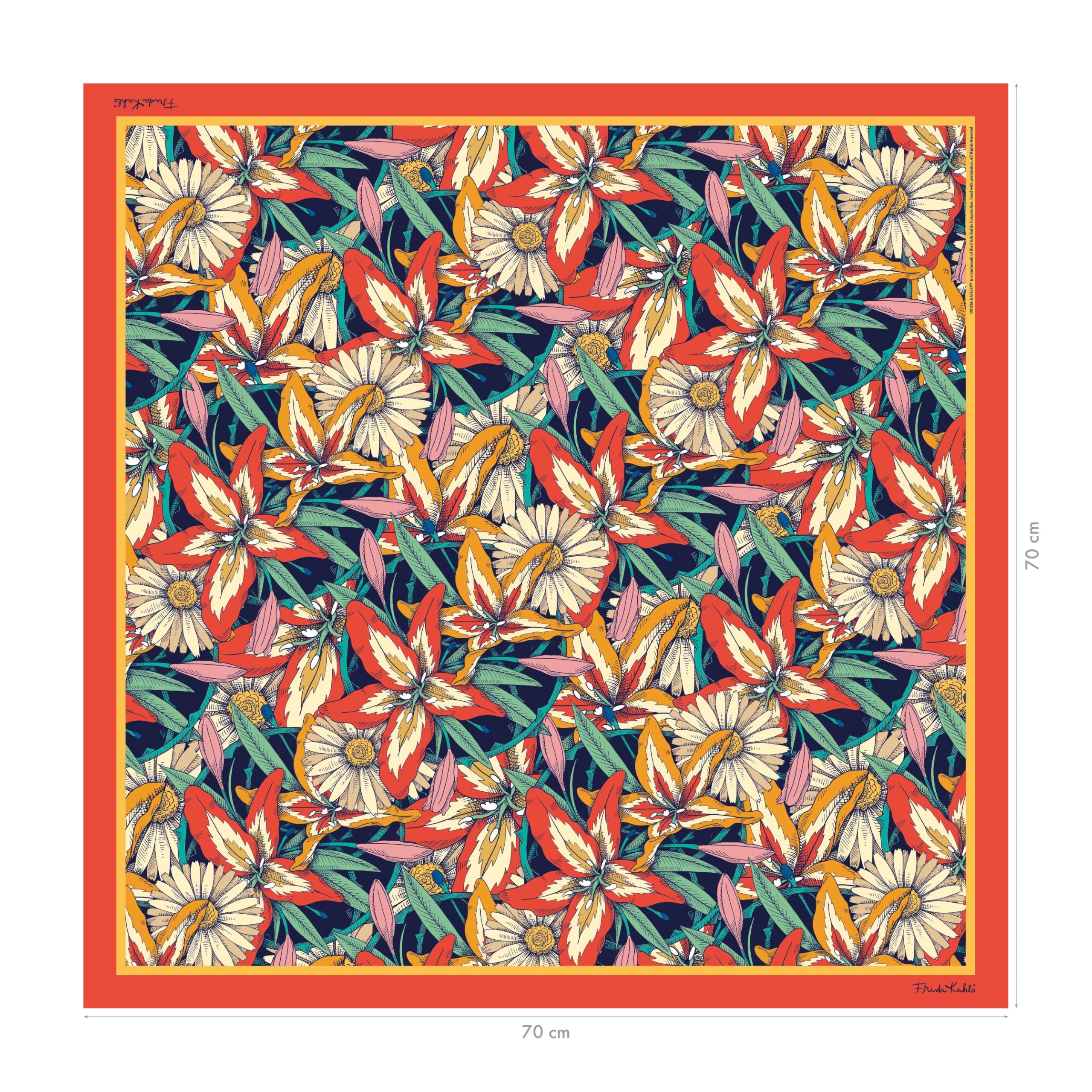 Clairefontaine - 116235C – Elegancka apaszka z kolorowym kwiatowym motywem Frida Kahlo – Artystyczny i modny dodatek – 100% satynowy poliester – 70 × 70 cm – Kolekcja Frida Kahlo