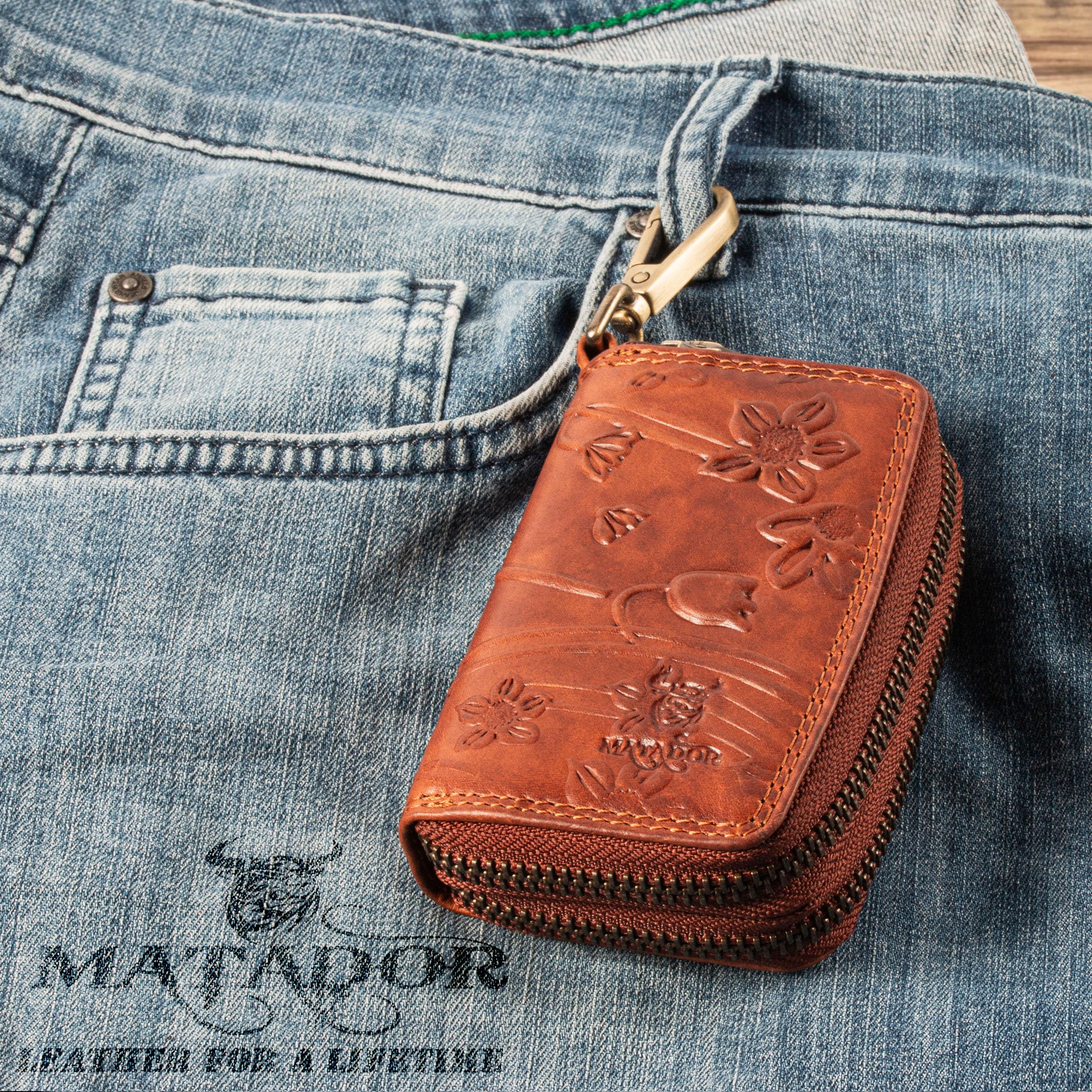 MATADOR Sac pour Clef - Etui à Clé en Cuir Véritable | Porte Clés avec Double Femeture Éclair en Métal et Mousqueton | Mini Pochette Rangement Clef Protection Organiseur avec Boîte Cadeau elegant