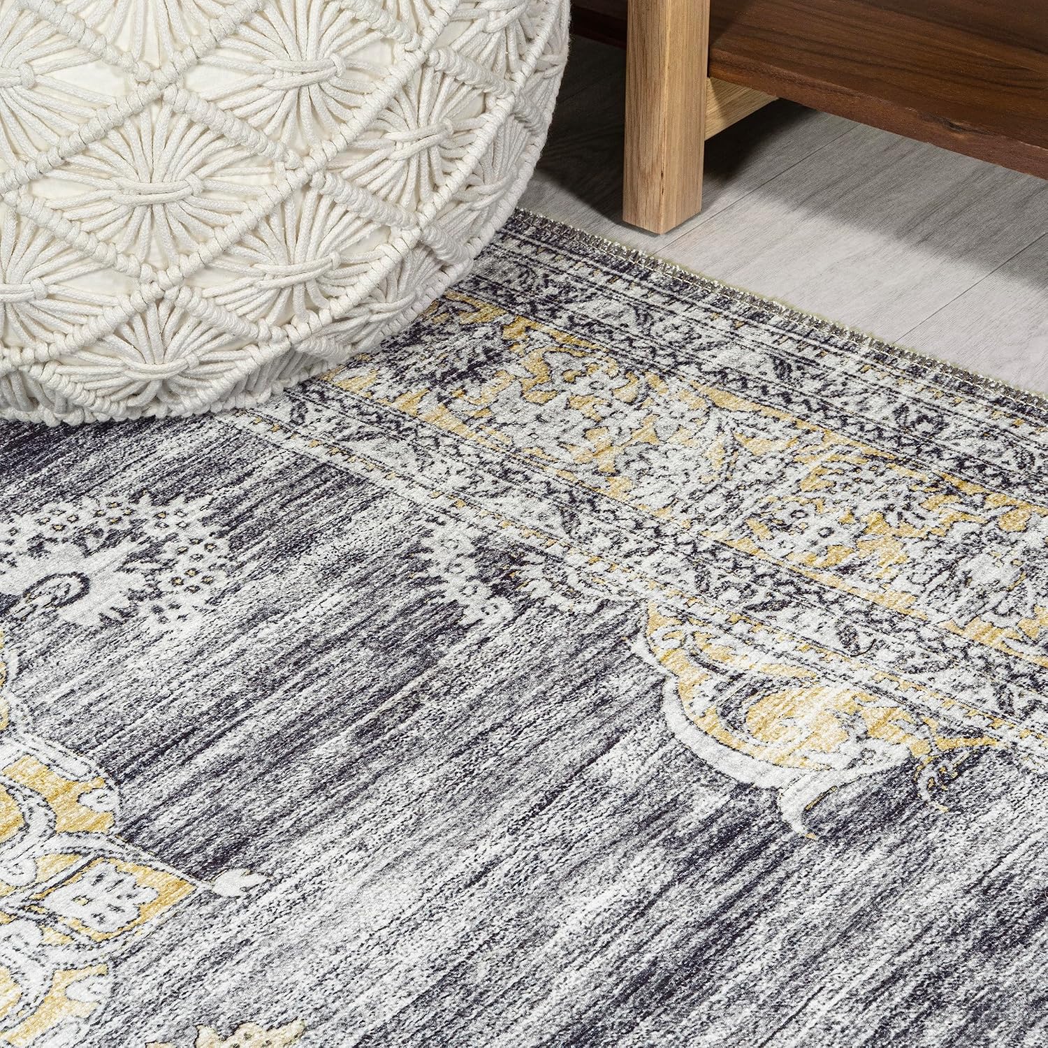 JONATHAN Y Machine Washable Indoor Area Rug 3X5 Dark Gray/Yellow, Bausch Bohemian Distressed Chenille for Living Room, Bedroom, Kitchen, Office, Easy-Cleaning, Pet-Friendly, Non-Shedding WSH201C-3