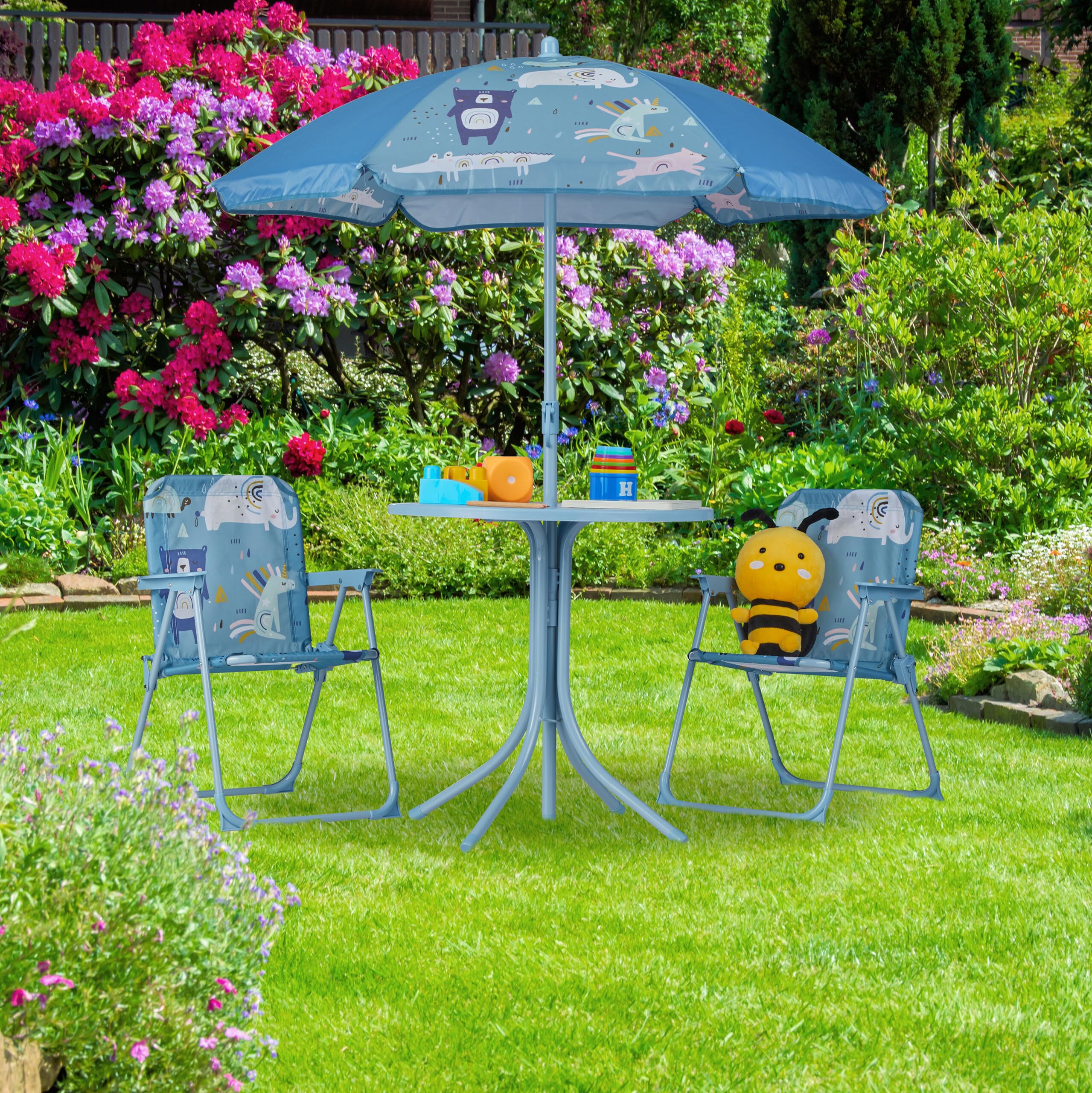 Relaxdays Tavolo Bambini con Ombrellone, Set con 2 Sedie, da Campeggio e Giardino, Tavolino Picnic, con Animali