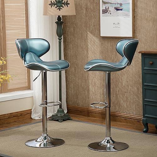 Miniatura 3 de Roundhill Furniture Masaccio - Taburete de bar giratorio ajustable de cuero sintético acolchado con base cromada, juego de 2, azul