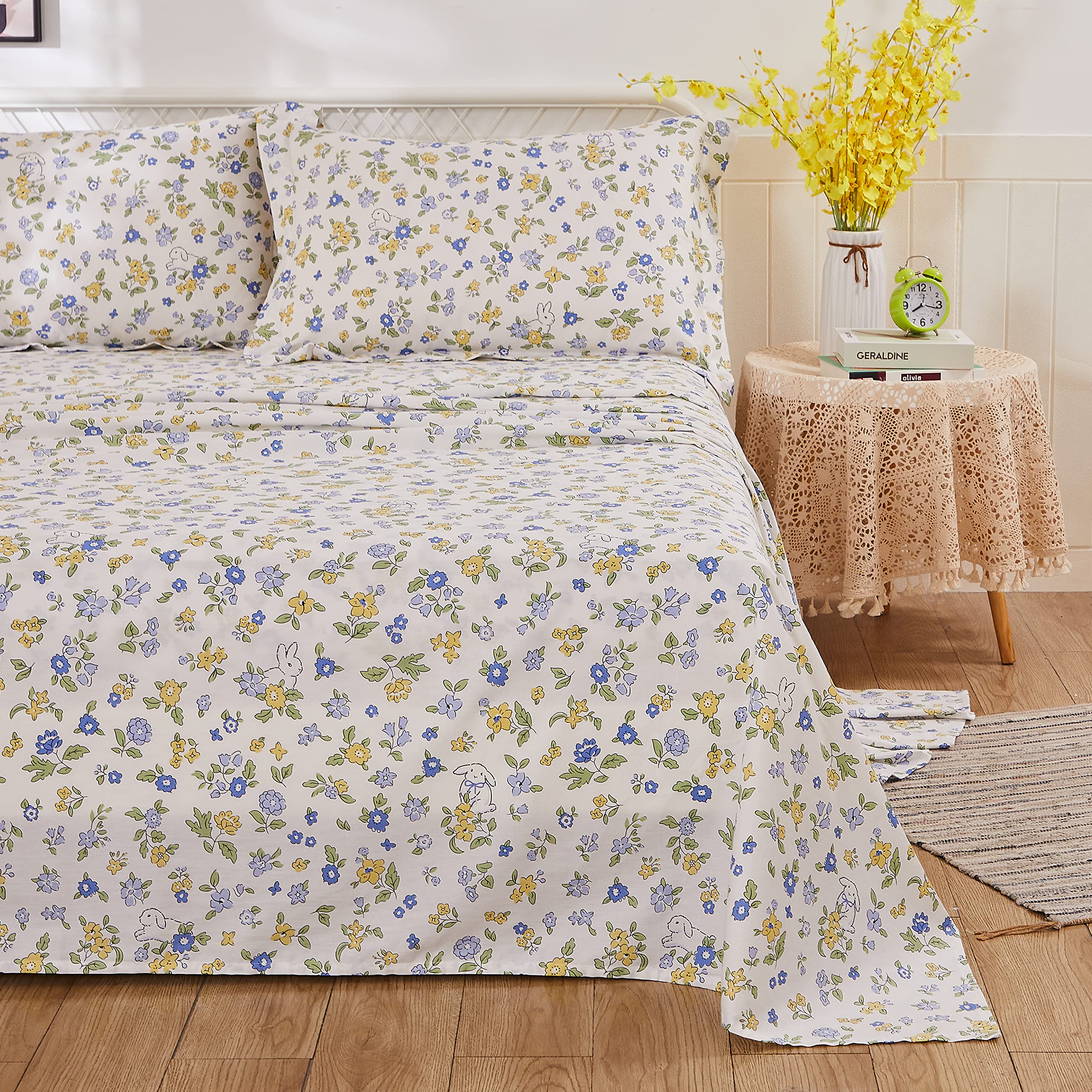 Usning Floral Sheet Set Queen, Flower and Green Leaves Pattern Printed on White, 100% Cotton Fresh Farmhouse Bedding with Deep Pocket Fitted Sheet 5Pcs, Queen Size, Yellow and Blue