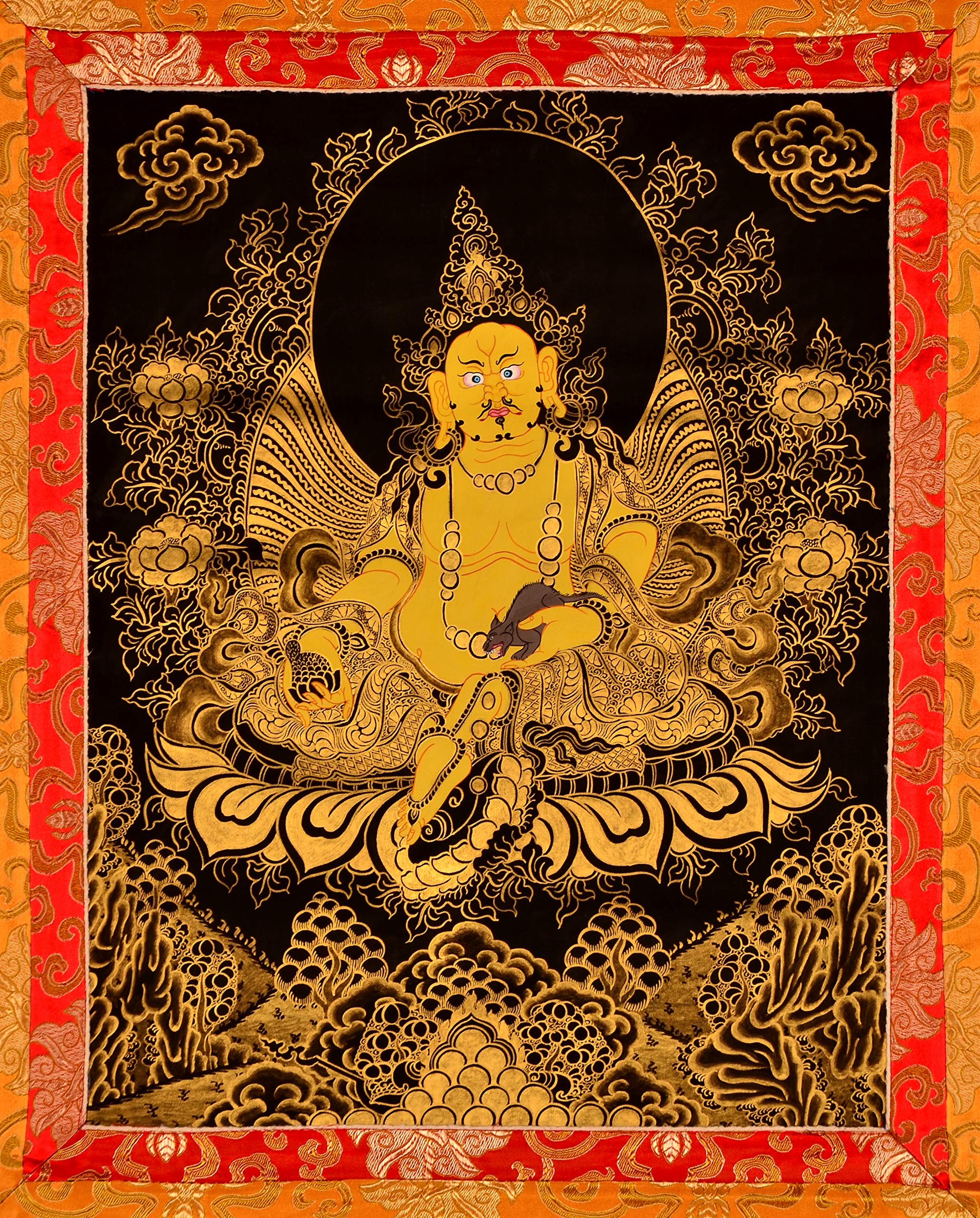 Thangka Jambhala - Kubera golden 78 cm x 106 cm handbemalt im original tibetischen Brokatrahmen