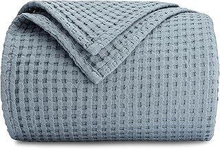 Comfy Cubs 100% Cotton Waffle Weave Blanket Breathable Skin-Friendly Soft Lightweight Blankets - Perfect Warm Textured Blanket Layer - Size for Bed & Sofa (Pacific Blue, Queen-Waffle - 90" X 90")