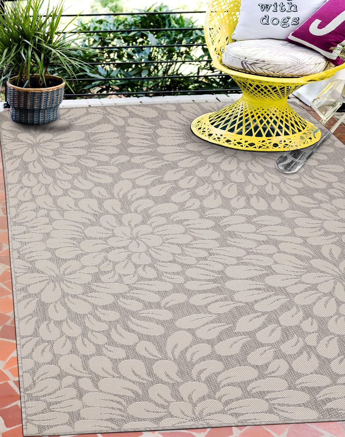 Modern Bohemian Floral Indoor Outdoor Area Rug Weather Resistant Outdoor Carpet for Porch Deck Balcony Backyard Patio Rug 5x8 Gray