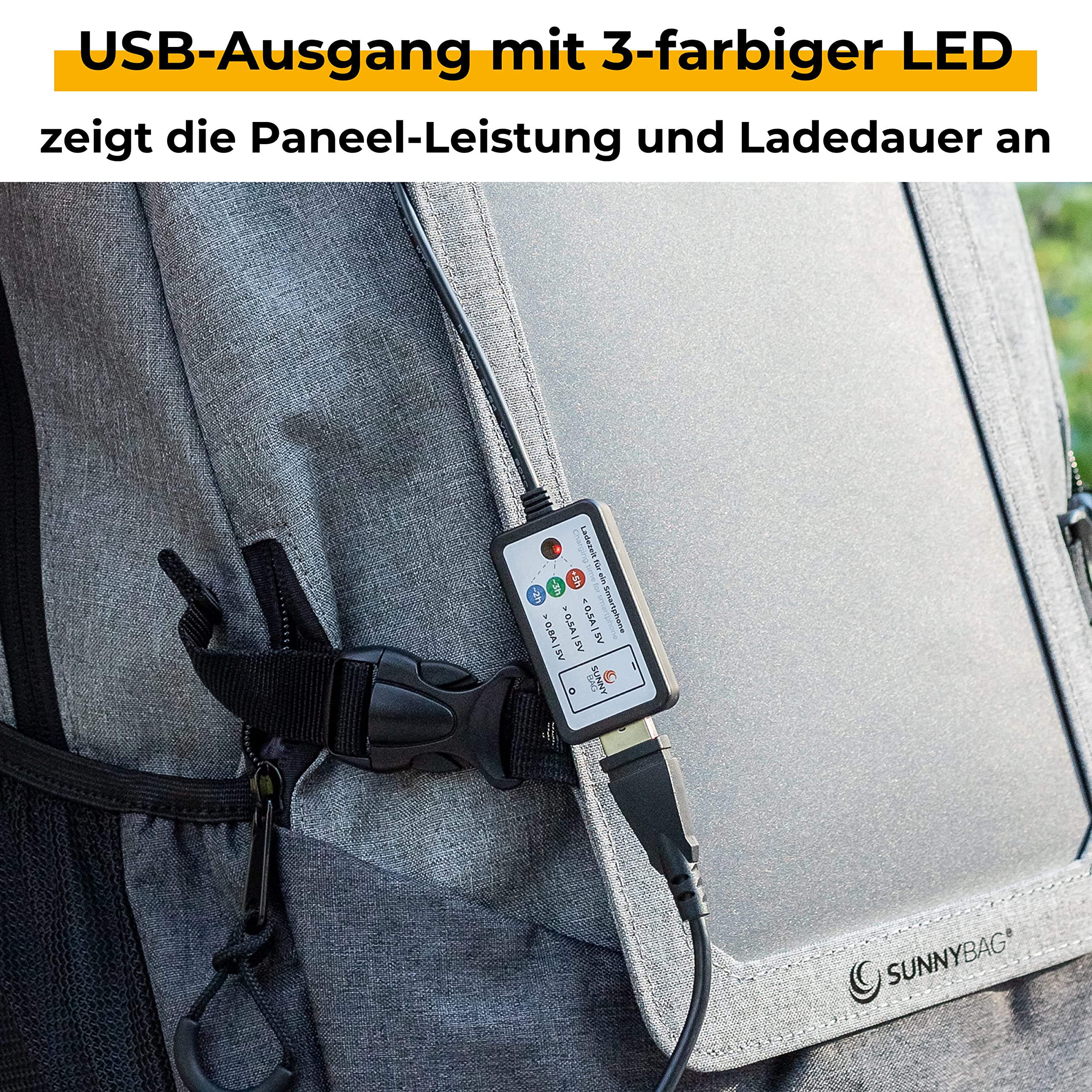 Sunnybag Explorer+ | Solar Rucksack mit abnehmbarem 6 Watt Solar-Panel | USB-Anschluss | 15-Zoll Laptopfach | 15 Liter | Wasserabweisendes Textil | Jetzt inkl. USB-C Kabel mit Leistungsanzeige