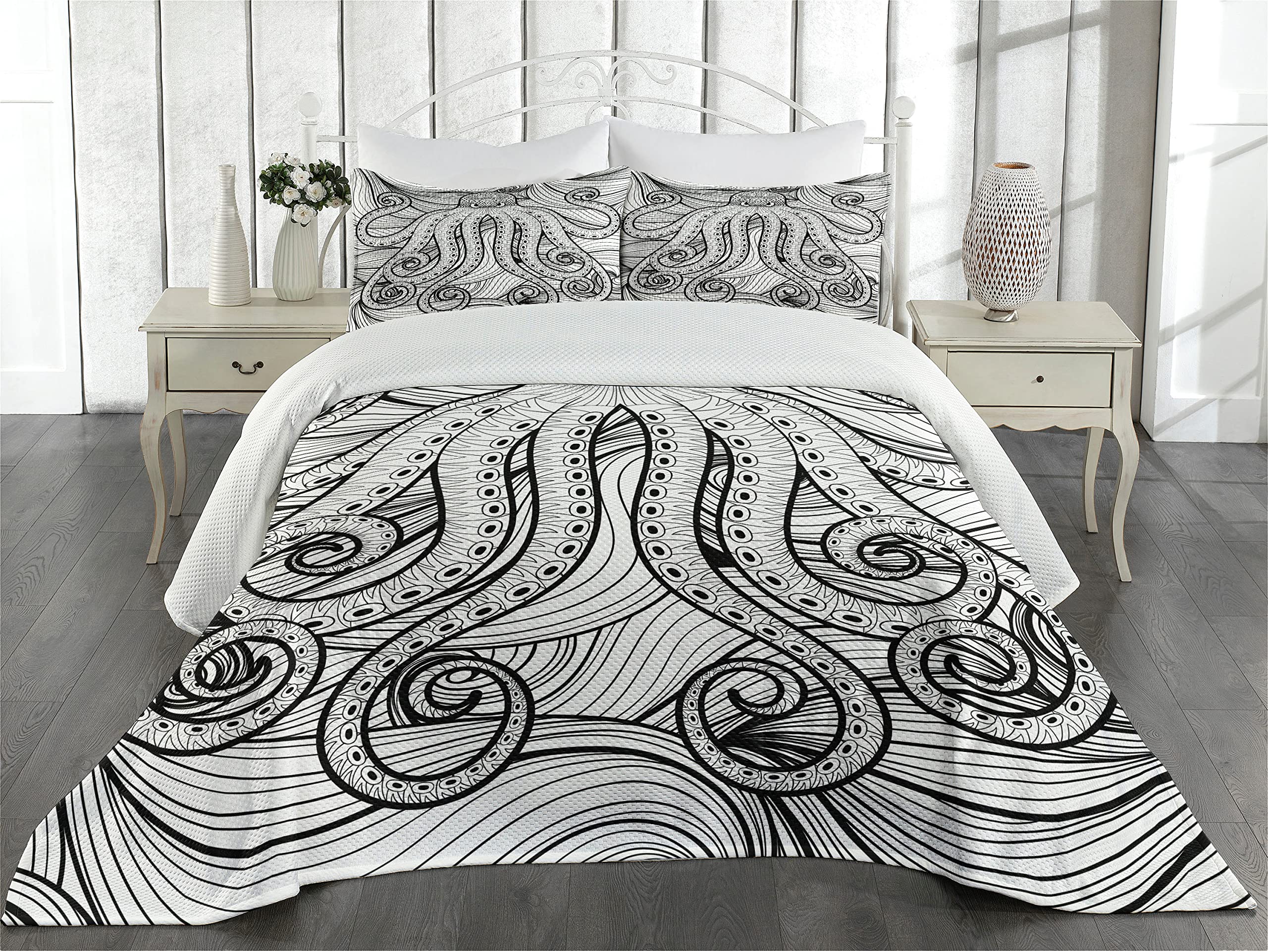 Ambesonne Octopus Coverlet, Kraken Octopus in The Sea Mandala Style Pattern Tentacles Marine, 3 Piece Decorative Quilted Bedspread Set with 2 Pillow Shams, Queen Size, White Dark Grey