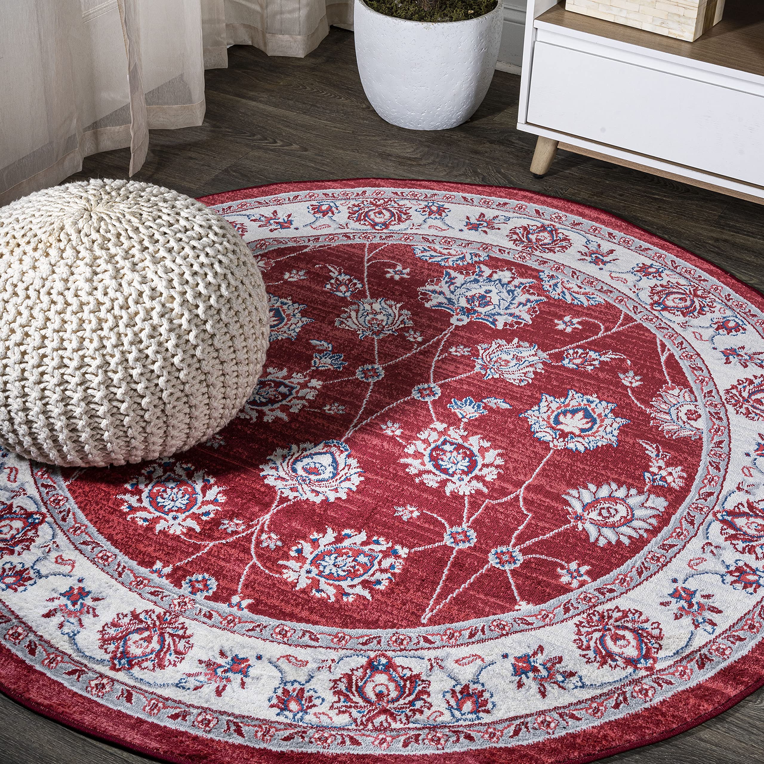 JONATHAN Y Modern Vintage Moroccan Traditional Red/Ivory 5' Round Indoor Area Rug, Country, Floral, Easy-Cleaning for Living Room, Bedroom, Kitchen,