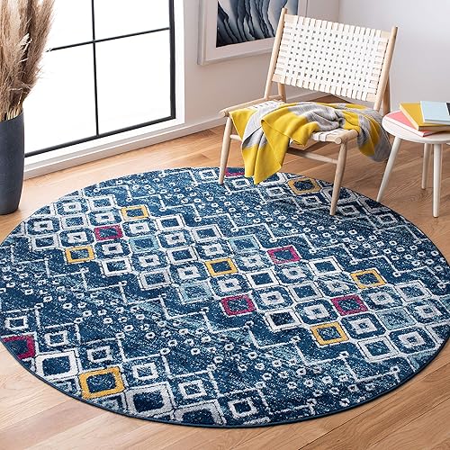 SAFAVIEH Amsterdam Collection AMS108M Moroccan Boho Non-Shedding Dining Room Entryway Foyer Living Room Bedroom Area Rug, 6'7" x 6'7" Round, Navy / Turquoise